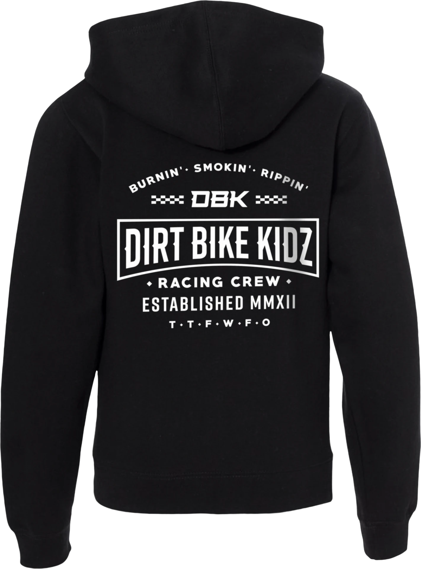 DBK Youth Speed & Style Hoodie in black, back view with Dirt Bike Kidz Racing Crew graphic