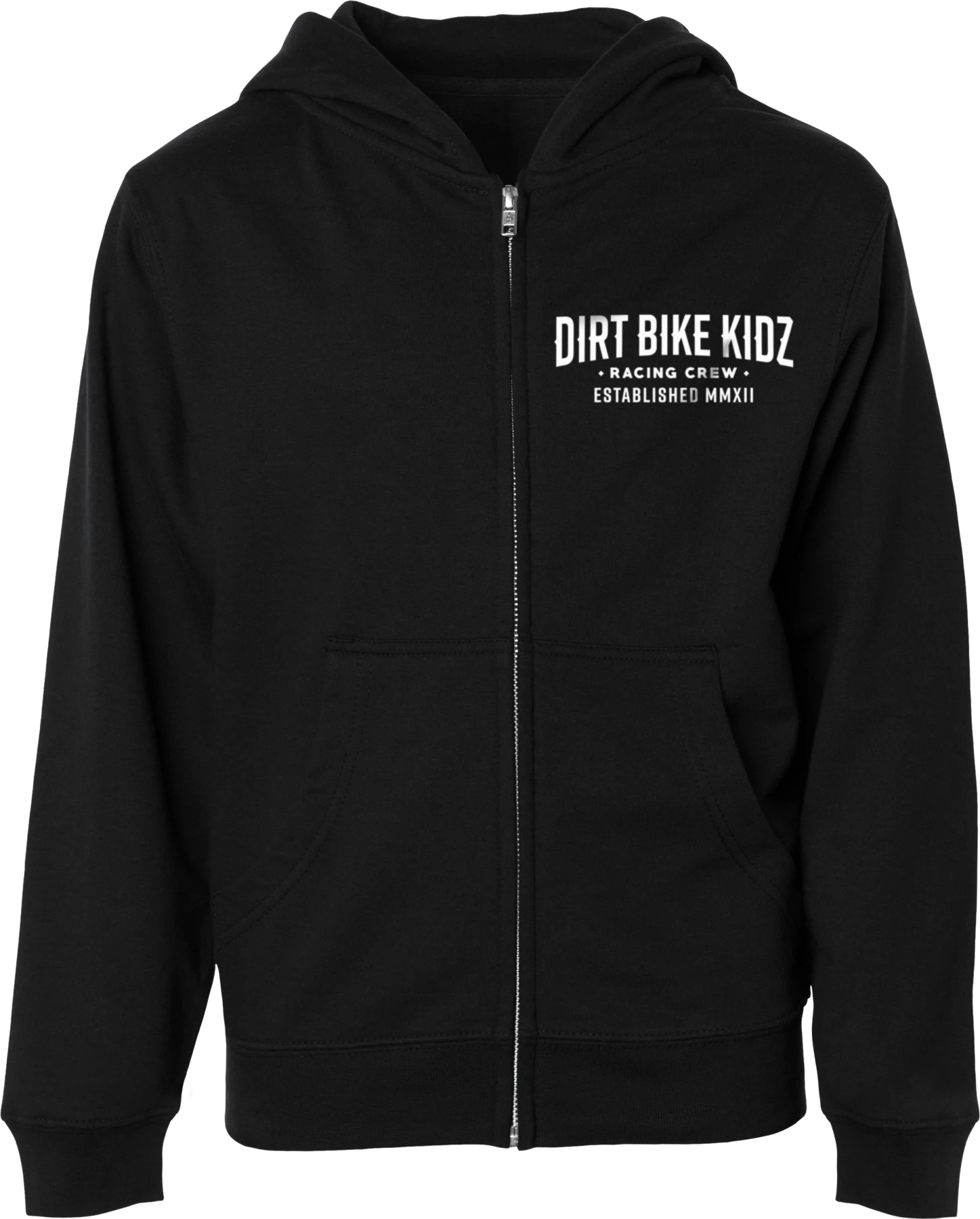 DBK Youth Speed & Style Hoodie in black, front view with full zipper and Dirt Bike Kidz chest text