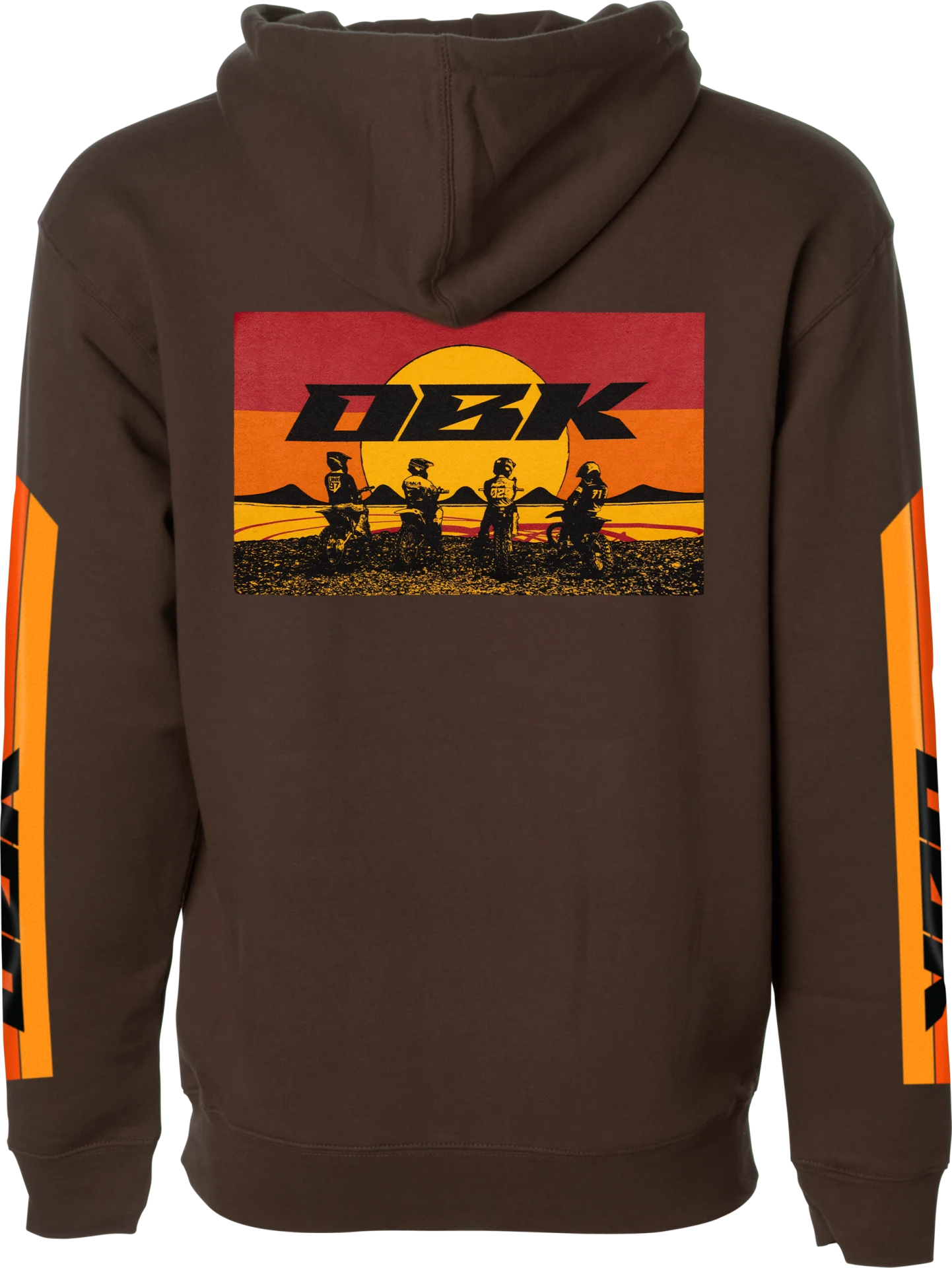 DBK Youth Sunday Stripe Hoodie in brown, back view with striped sunset DBK graphic and sleeve stripes