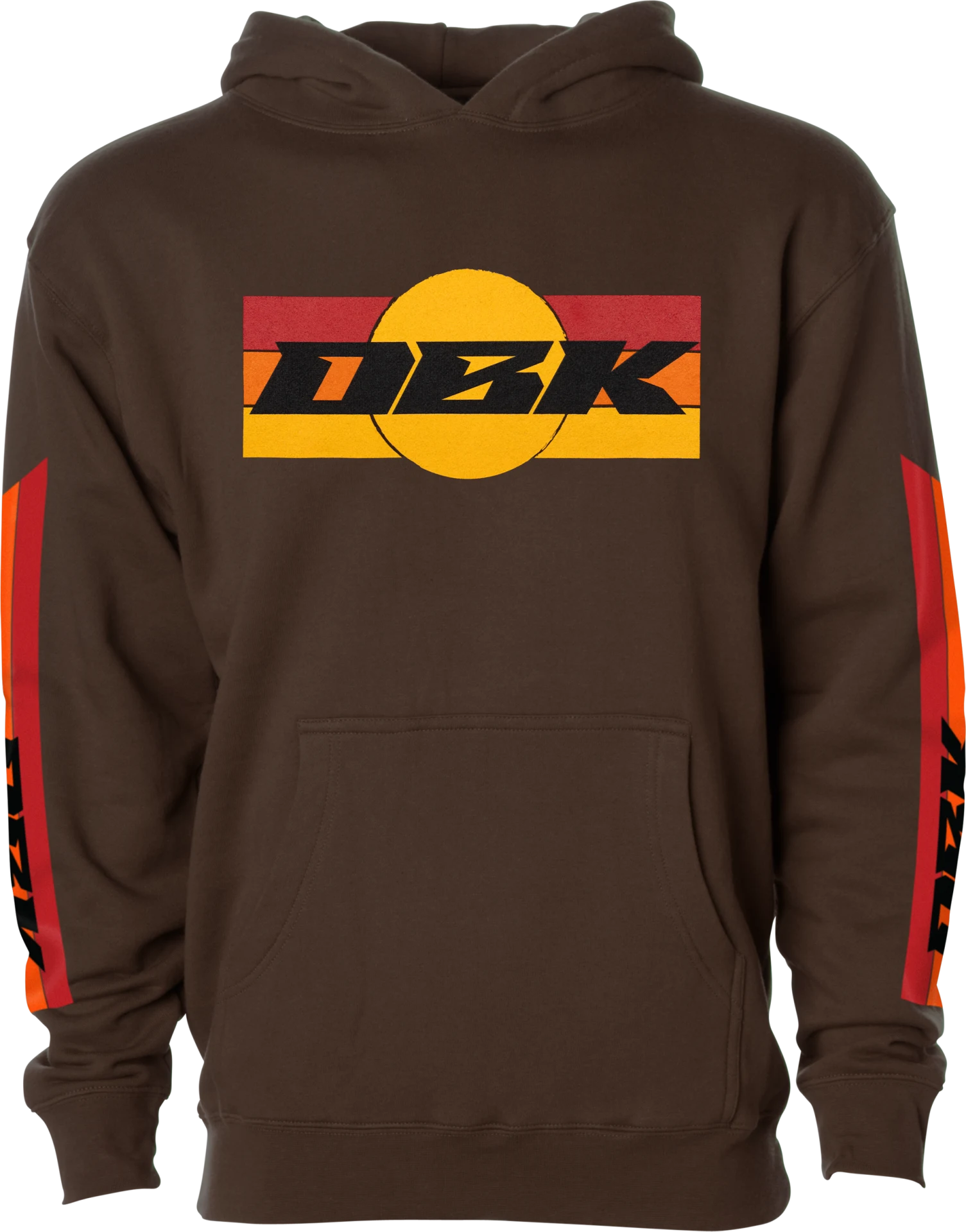 DBK Youth Sunday Stripe Hoodie in brown, front view with striped DBK chest graphic and sleeve stripes