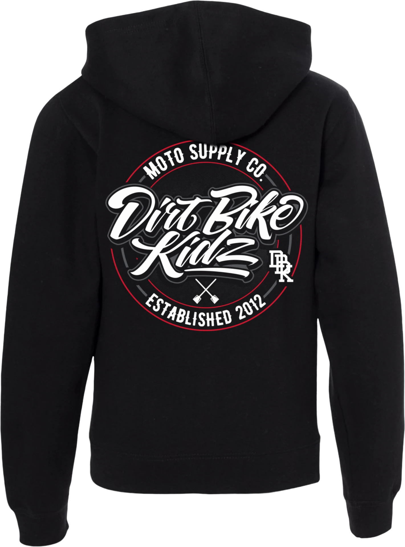 DBK Youth Supply Co. Hoodie in black, back view with large Dirt Bike Kidz Moto Supply Co. circle graphic