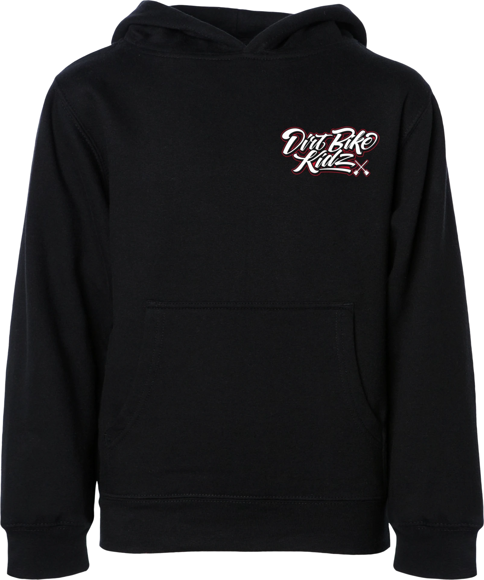 DBK Youth Supply Co. Hoodie in black, front view with small Dirt Bike Kidz chest logo