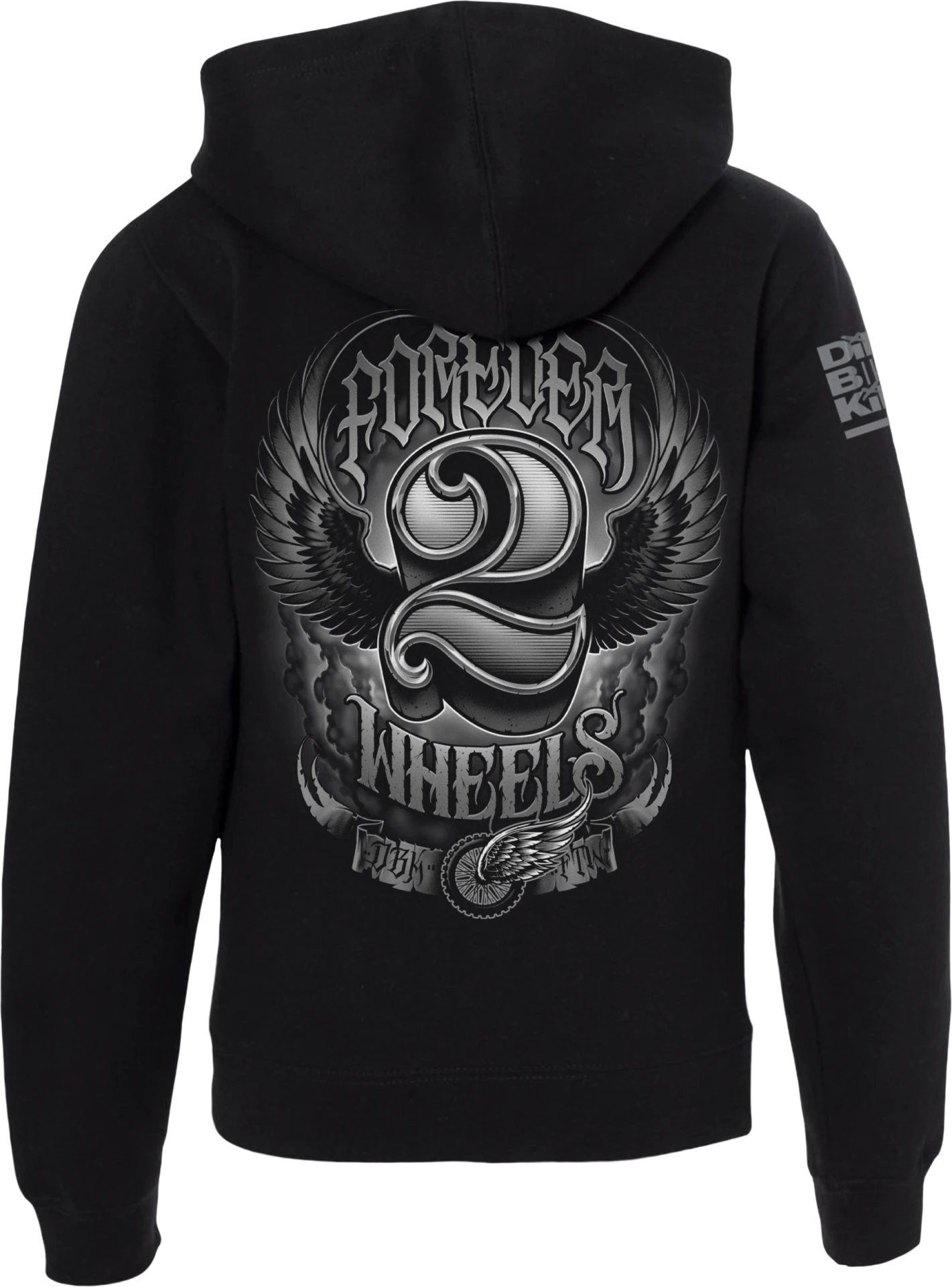 DBK Youth Two Wheels Hoodie in black, back view with large Forever 2 Wheels winged graphic