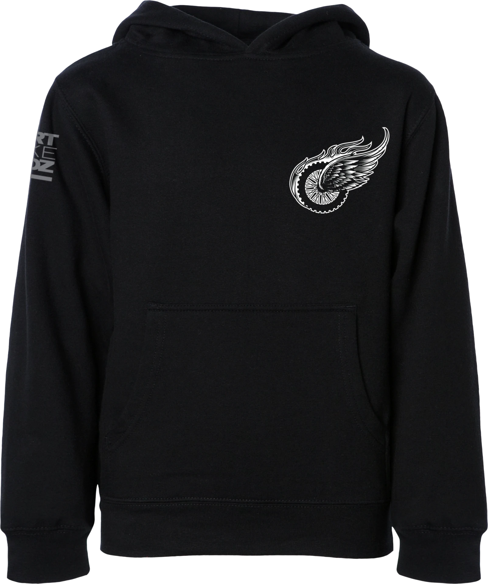 DBK Youth Two Wheels Hoodie in black, front view with small winged wheel chest logo