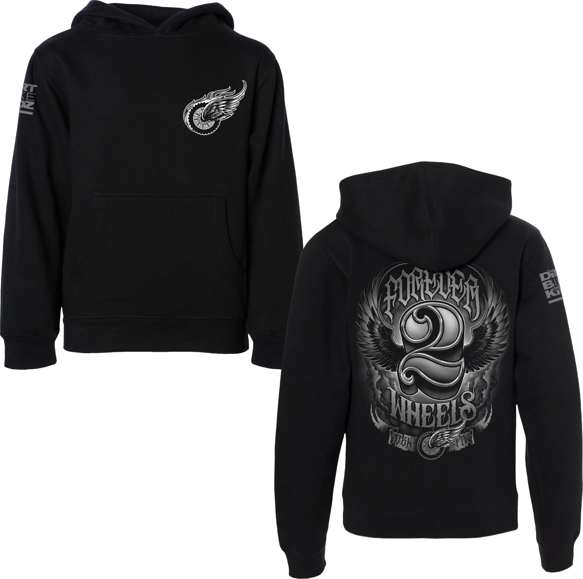 DBK Youth Two Wheels Hoodie in black, front and back views side by side