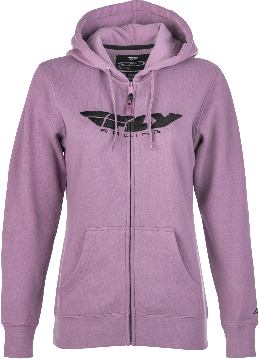 FLY Racing Women's Corporate Zip Up Hoodie in mauve, front view, zipped with a dark FLY logo across the chest