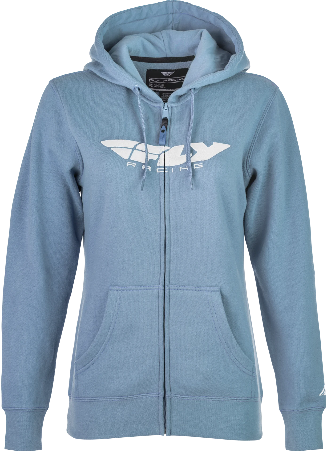 FLY Racing Women's Corporate Zip Up Hoodie in light blue, front view, zipped with a white FLY logo across the chest