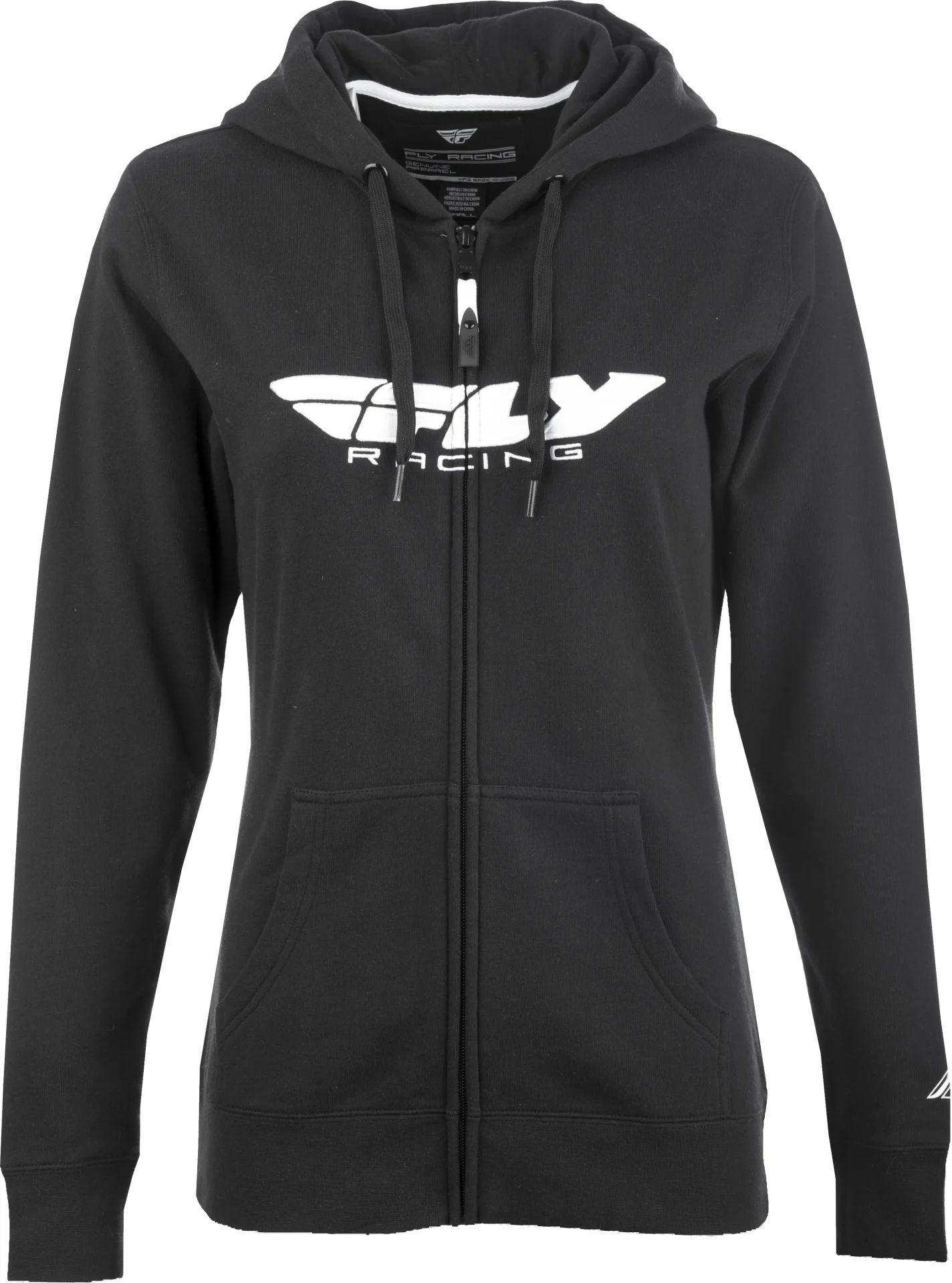 FLY Racing Women's Corporate Zip Up Hoodie in black, front view, zipped with a white FLY Racing logo across the chest