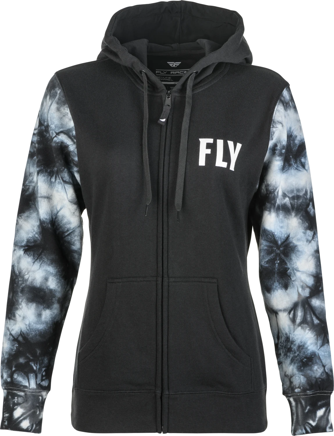 FLY Racing Women's Tie-Dye Zip Up Hoodie in black/grey, front view, zipped with a white FLY logo and black-and-white tie-dye sleeves