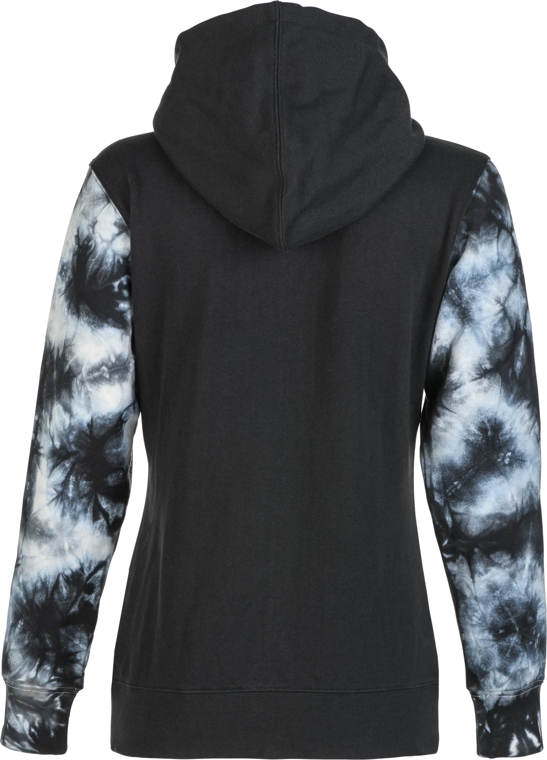 FLY Racing Women's Tie-Dye Zip Up Hoodie in black/grey, back view with black-and-white tie-dye sleeves
