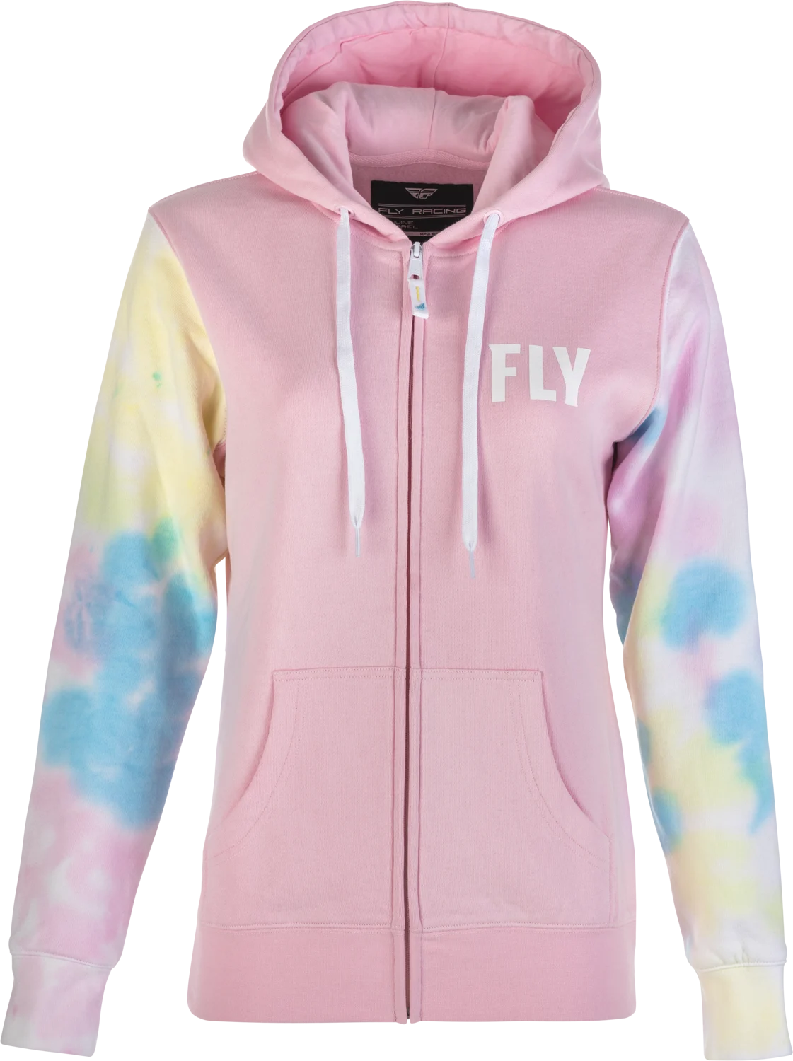 FLY Racing Women's Tie-Dye Zip Up Hoodie in pink/yellow/blue, front view, zipped with a pink body and pastel tie-dye sleeves