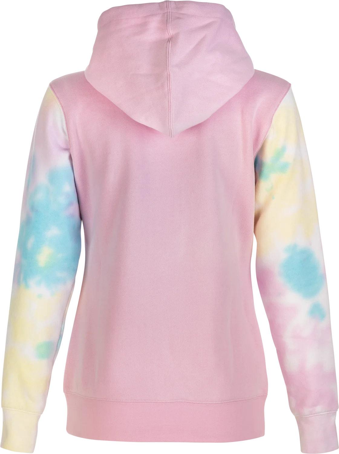 FLY Racing Women's Tie-Dye Zip Up Hoodie in pink/yellow/blue, back view with pastel tie-dye sleeves