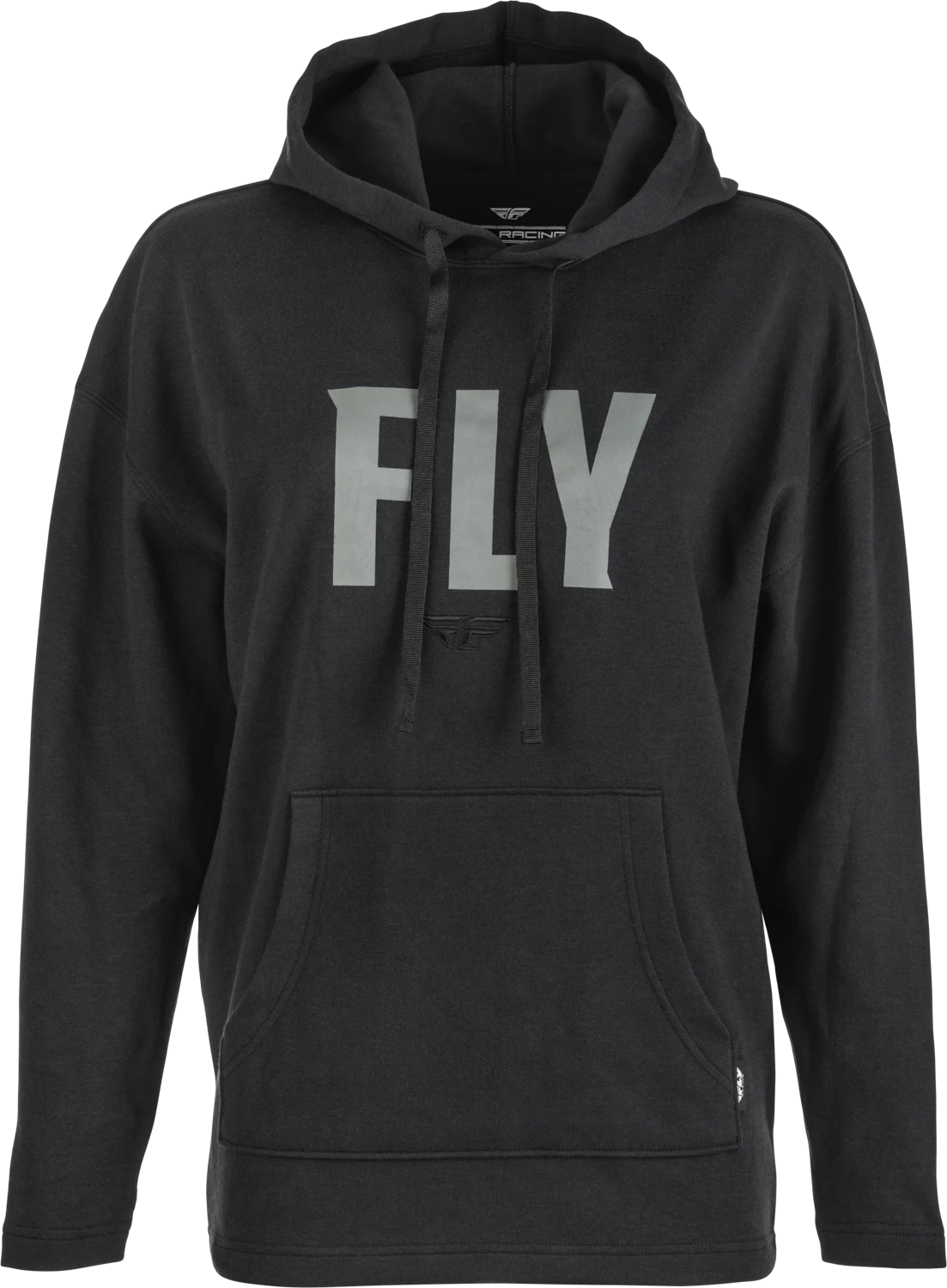 FLY Racing Women's Weekender Hoodie in black/grey, front view with a large grey FLY logo on the chest