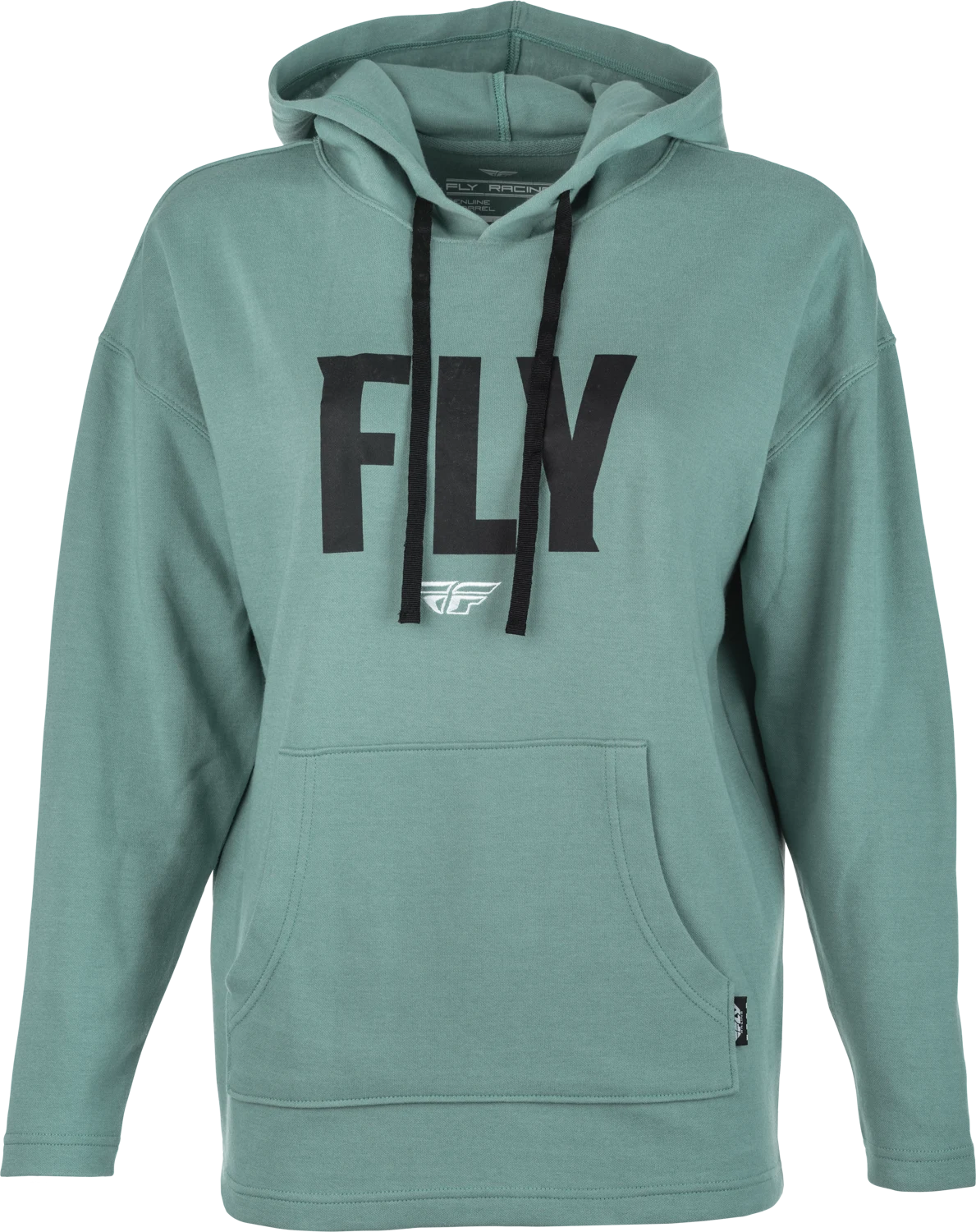 FLY Racing Women's Weekender Hoodie in sage/black, front view with a large black FLY logo on the chest