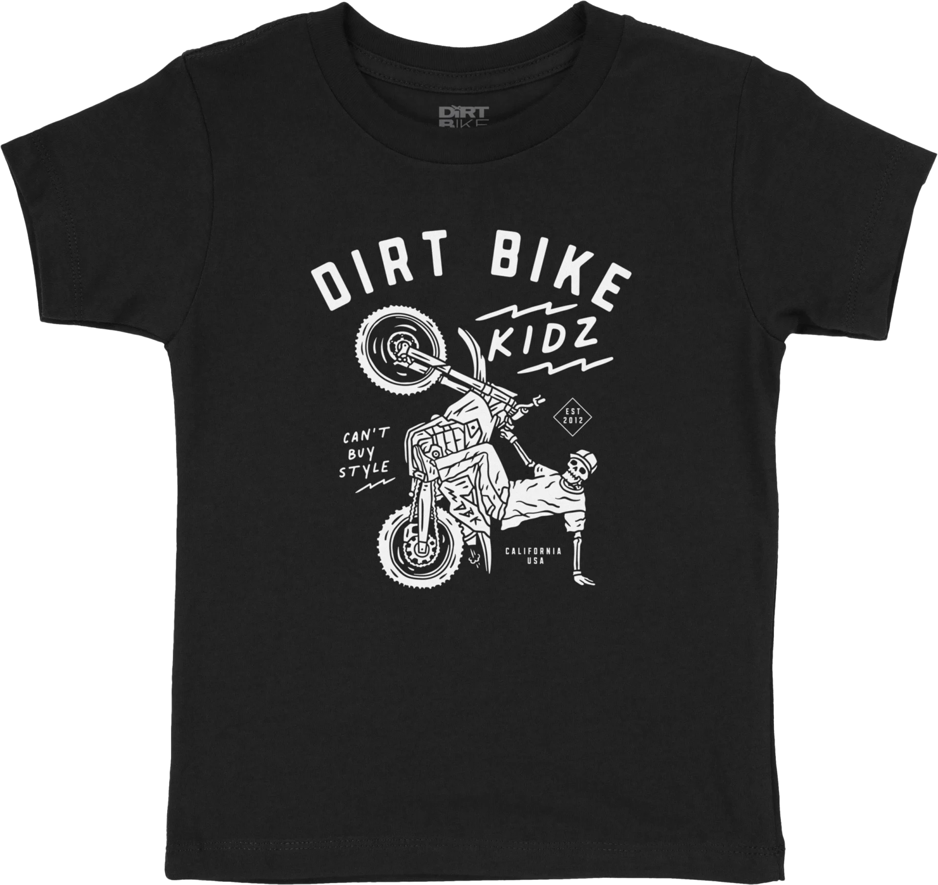 DBK 12 O' Clock Toddler Tee in black, front view with Dirt Bike Kidz wheelie rider graphic