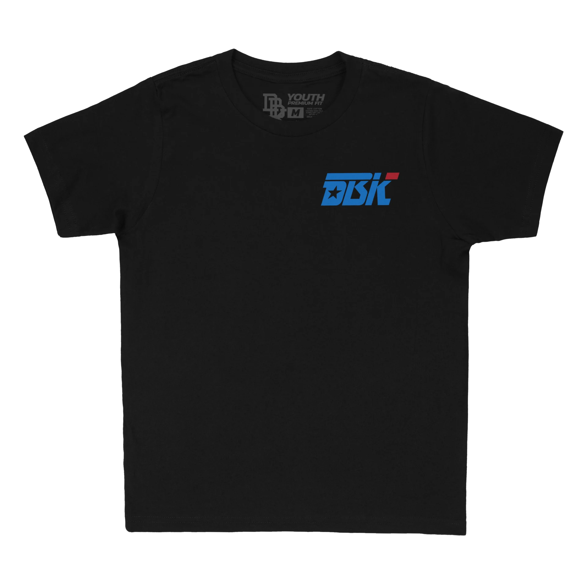 DBK Anthem Youth Tee in black, front view with small blue DBK chest logo