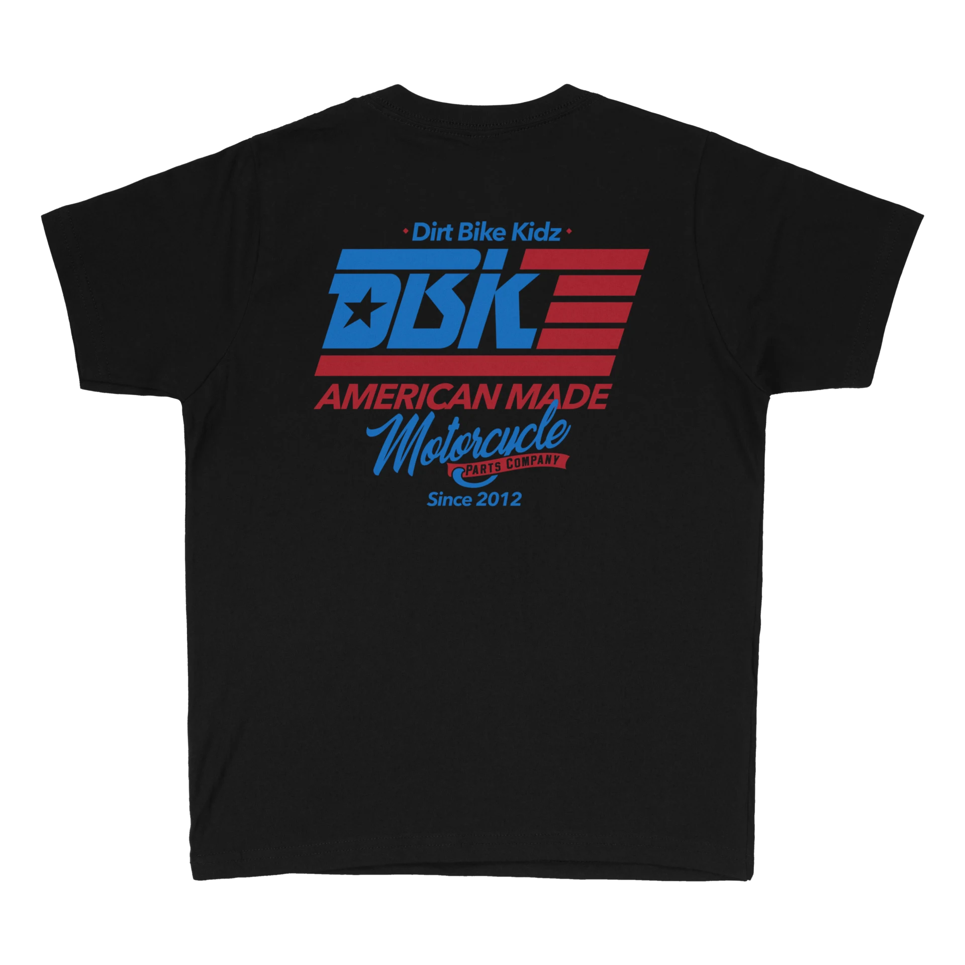 DBK Anthem Youth Tee in black, back view with red and blue DBK American Made Motorcycle graphic