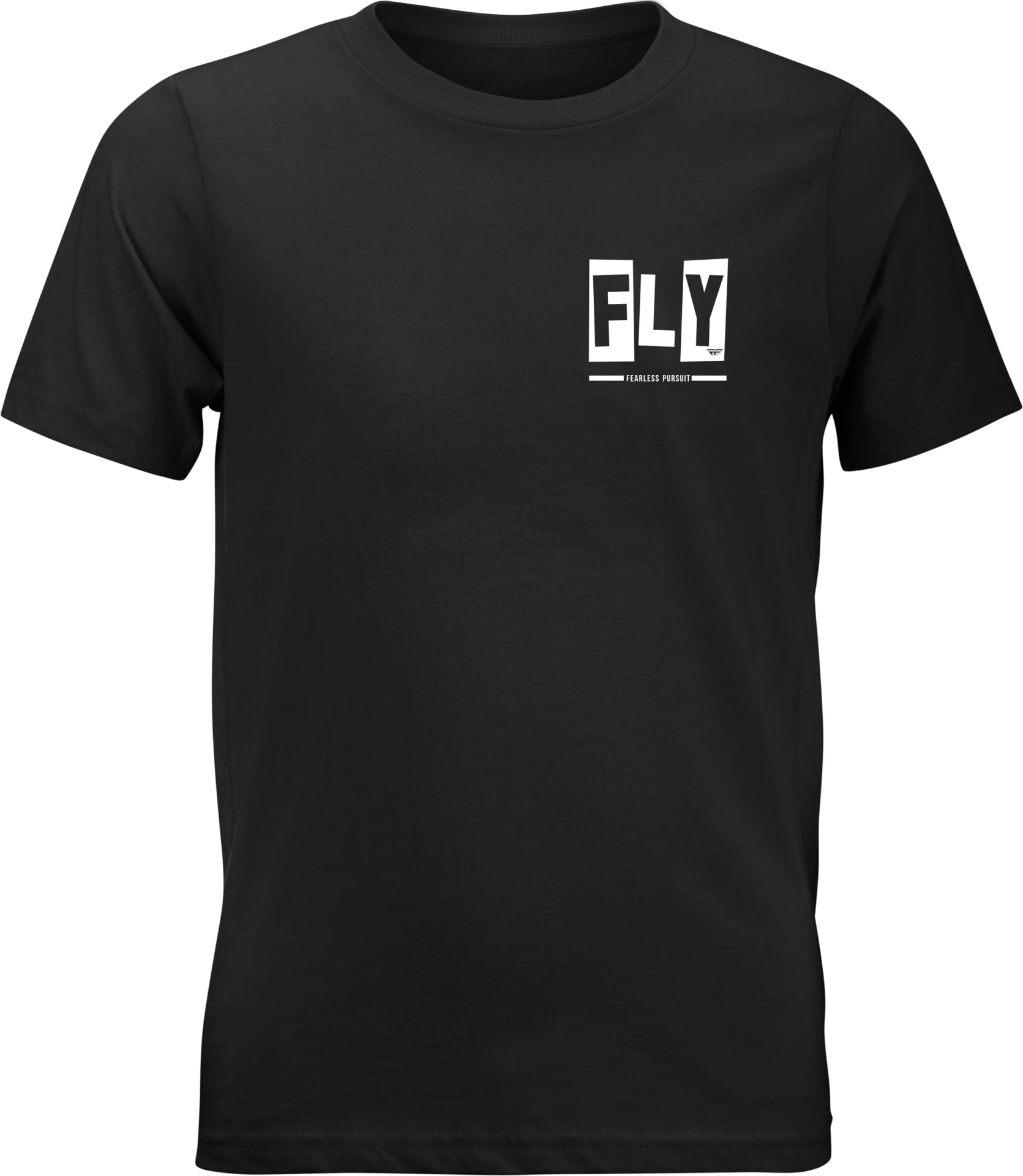 Black Fly Racing Punk youth tee, front view with small white Fly chest graphic