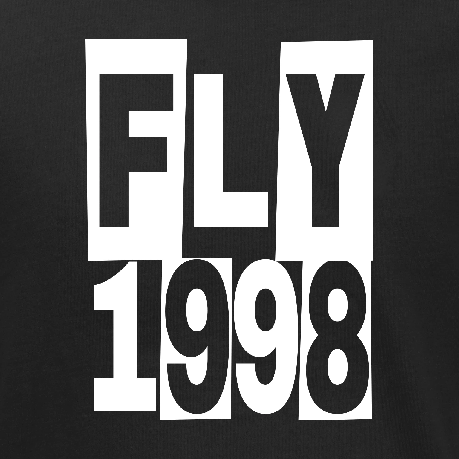 Close-up of the white Fly 1998 block-letter print on the black youth tee