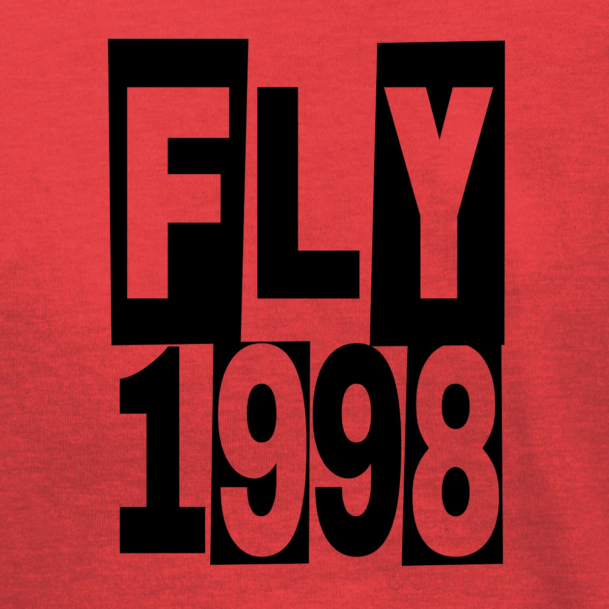 Close-up of the black Fly 1998 block-letter print on the red youth tee