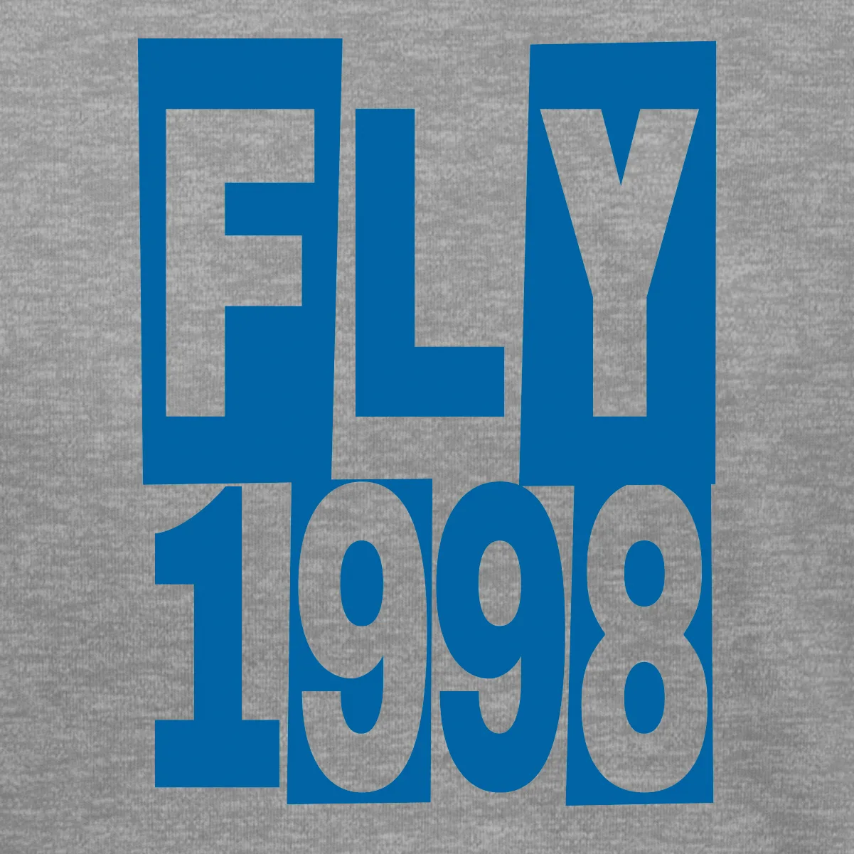 Close-up of the blue Fly 1998 block-letter print on the grey youth tee