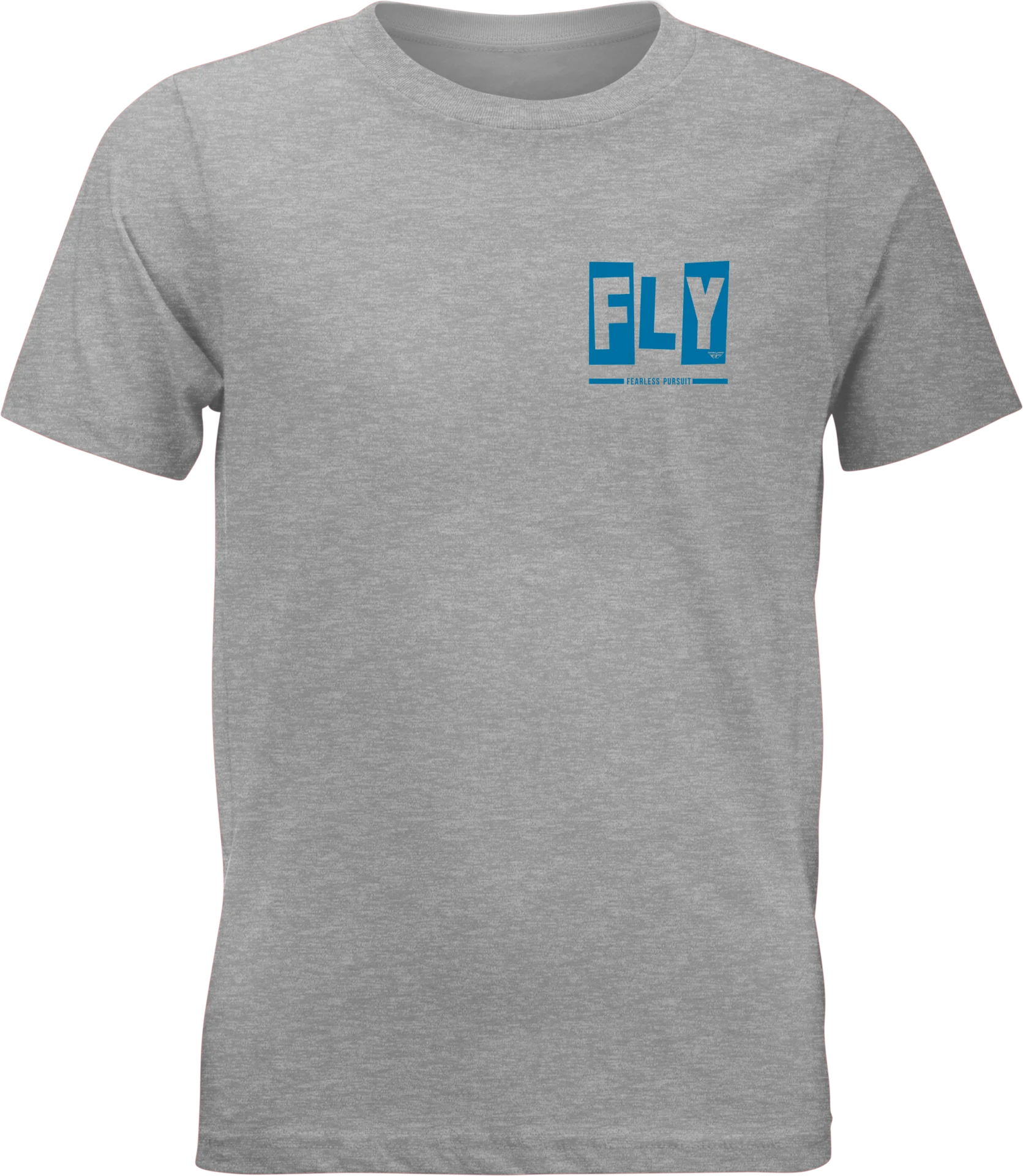 Grey Fly Racing Punk youth tee, front view with small blue Fly chest graphic
