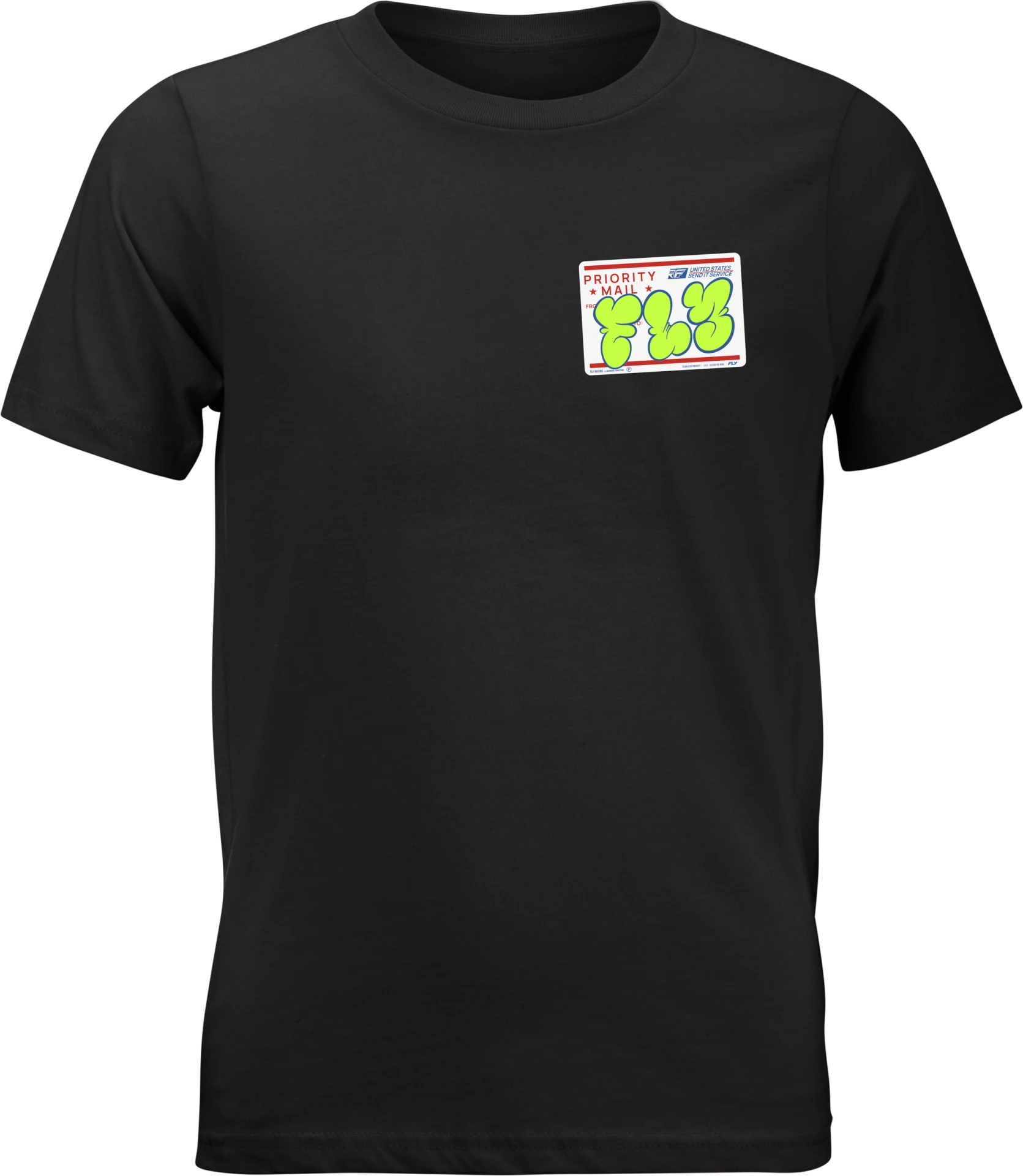 Black Fly Racing Graffiti youth tee, front view with small green chest patch graphic