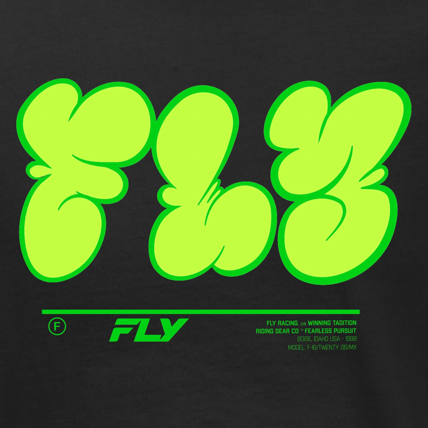 Close-up of the green bubble-letter Fly graffiti print on the black youth tee