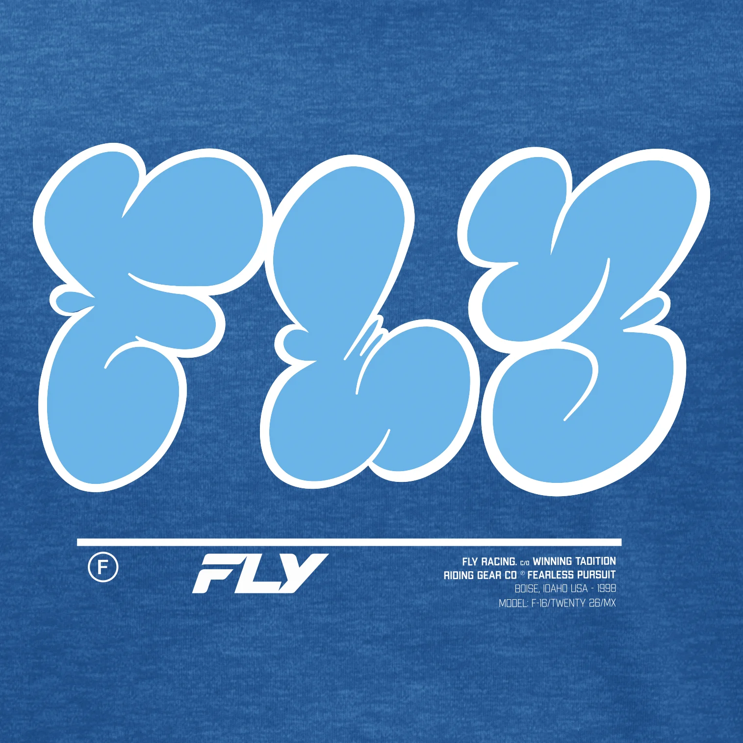 Close-up of the light blue bubble-letter Fly graffiti print on the blue youth tee