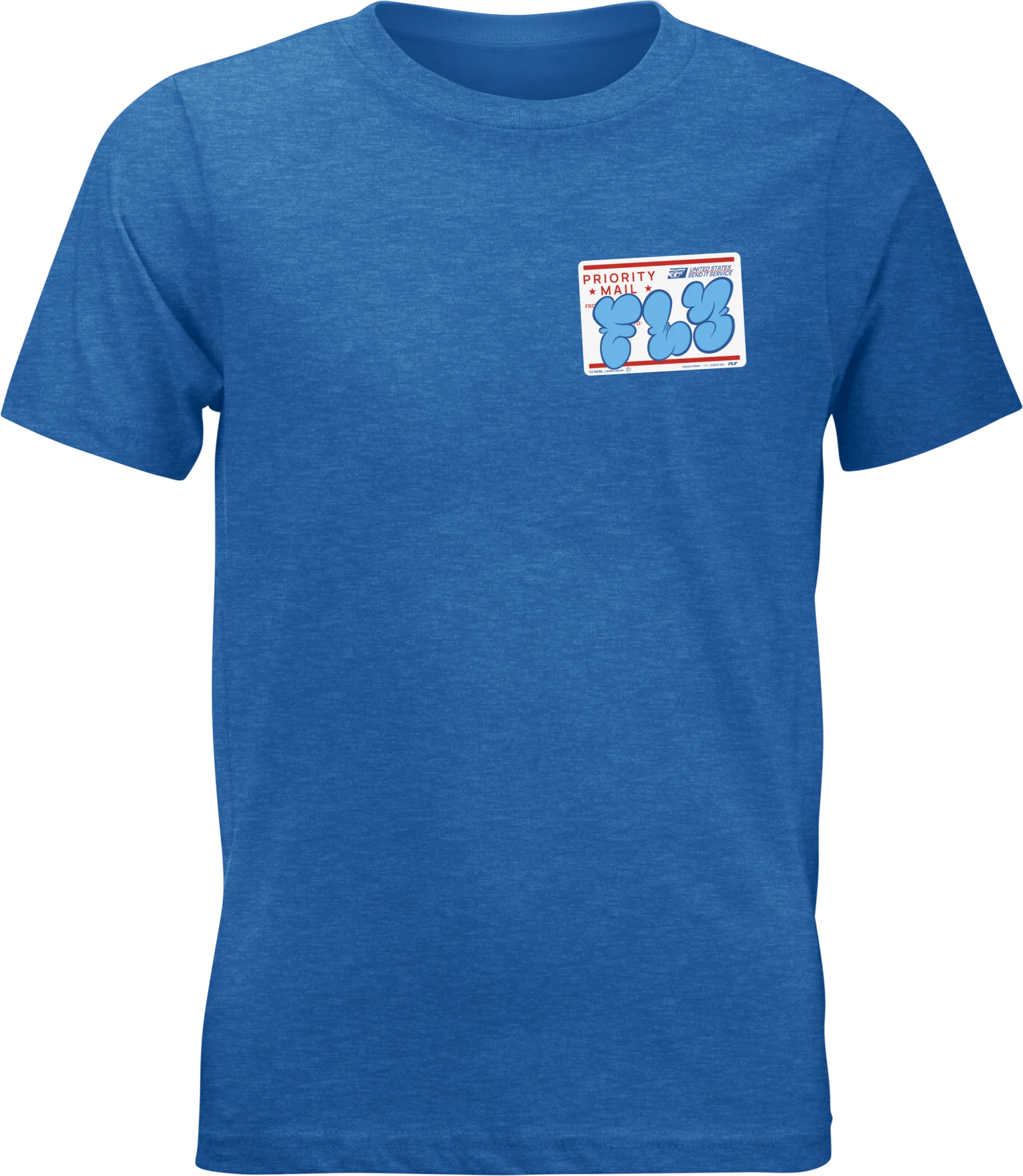 Blue Fly Racing Graffiti youth tee, front view with small chest patch graphic
