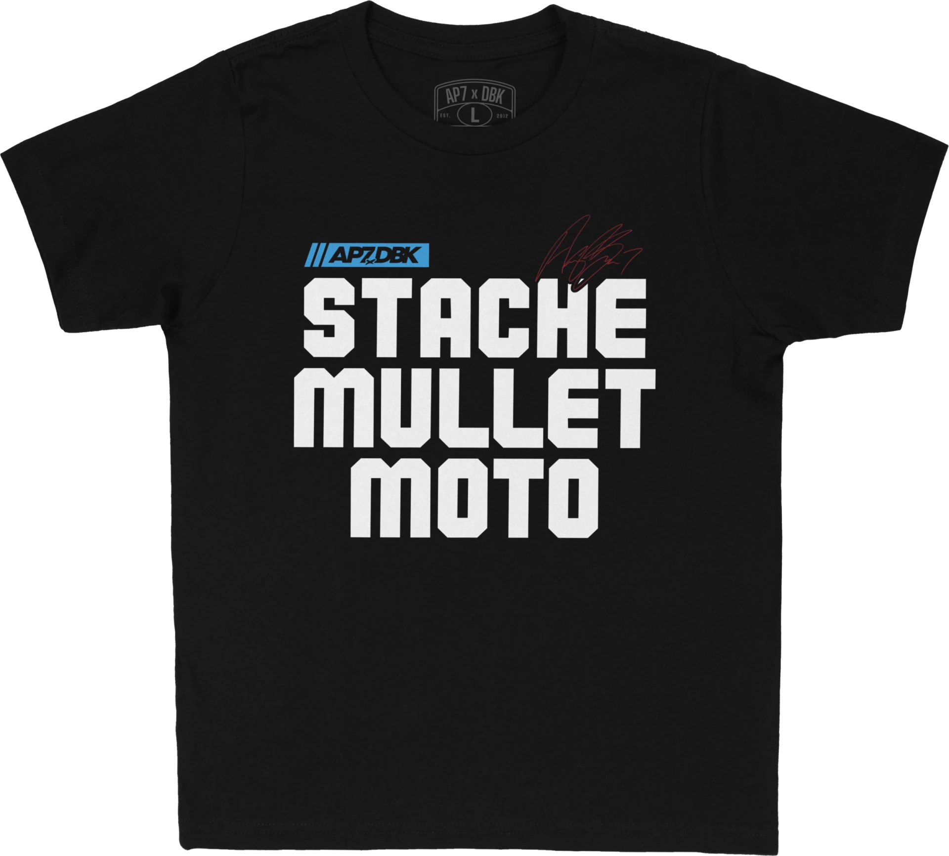 DBK Stache Mullet Moto Youth Tee in black, front view with large white Stache Mullet Moto lettering