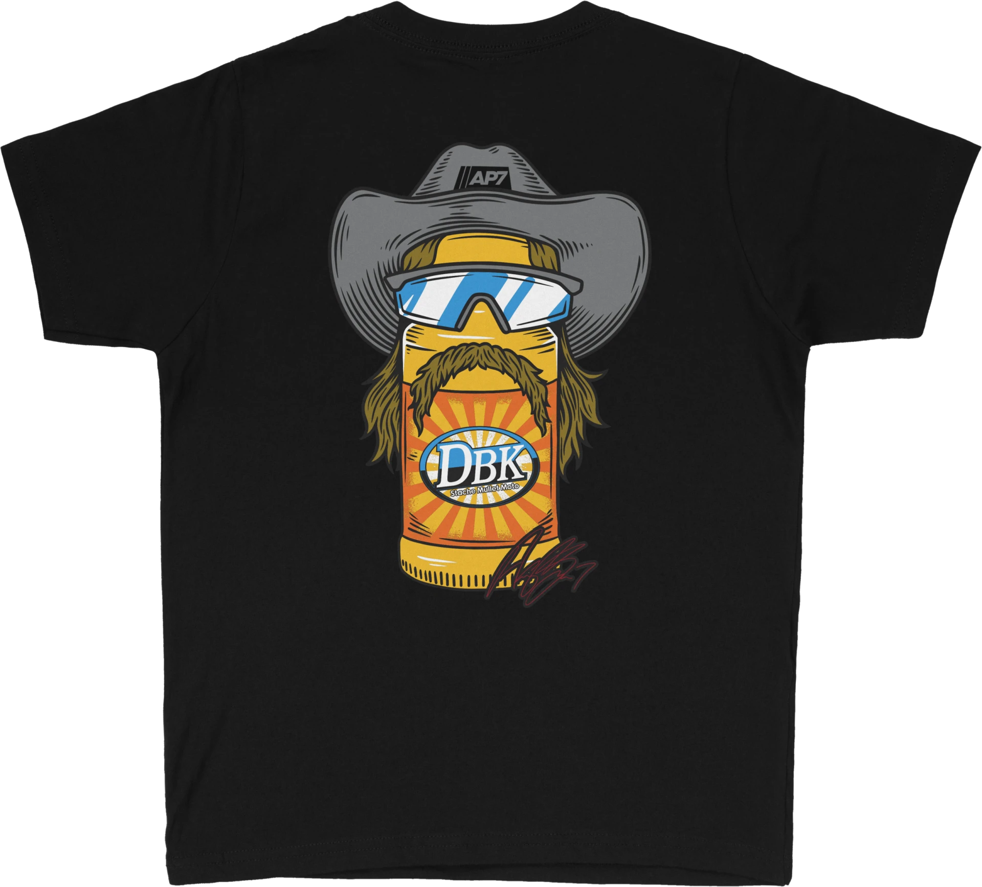 DBK Stache Mullet Moto Youth Tee in black, back view with a cartoon character in a hat, sunglasses and mustache