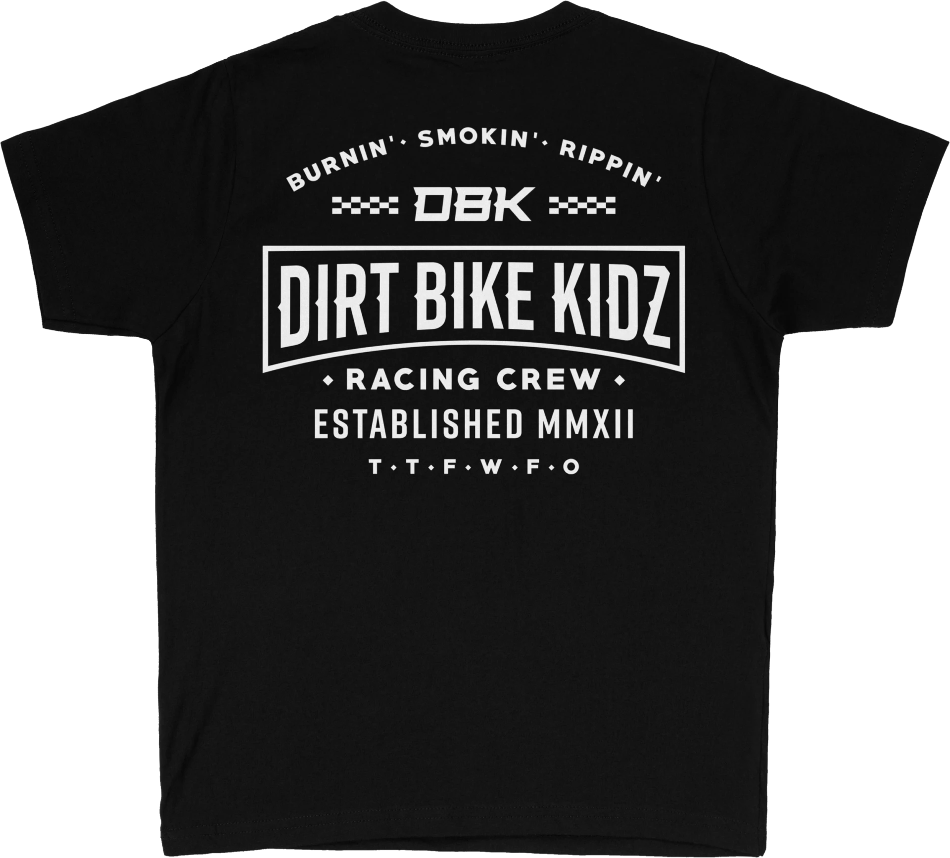 DBK Youth Speed & Style Tee in black, back view with Dirt Bike Kidz Racing Crew Established MMXII graphic