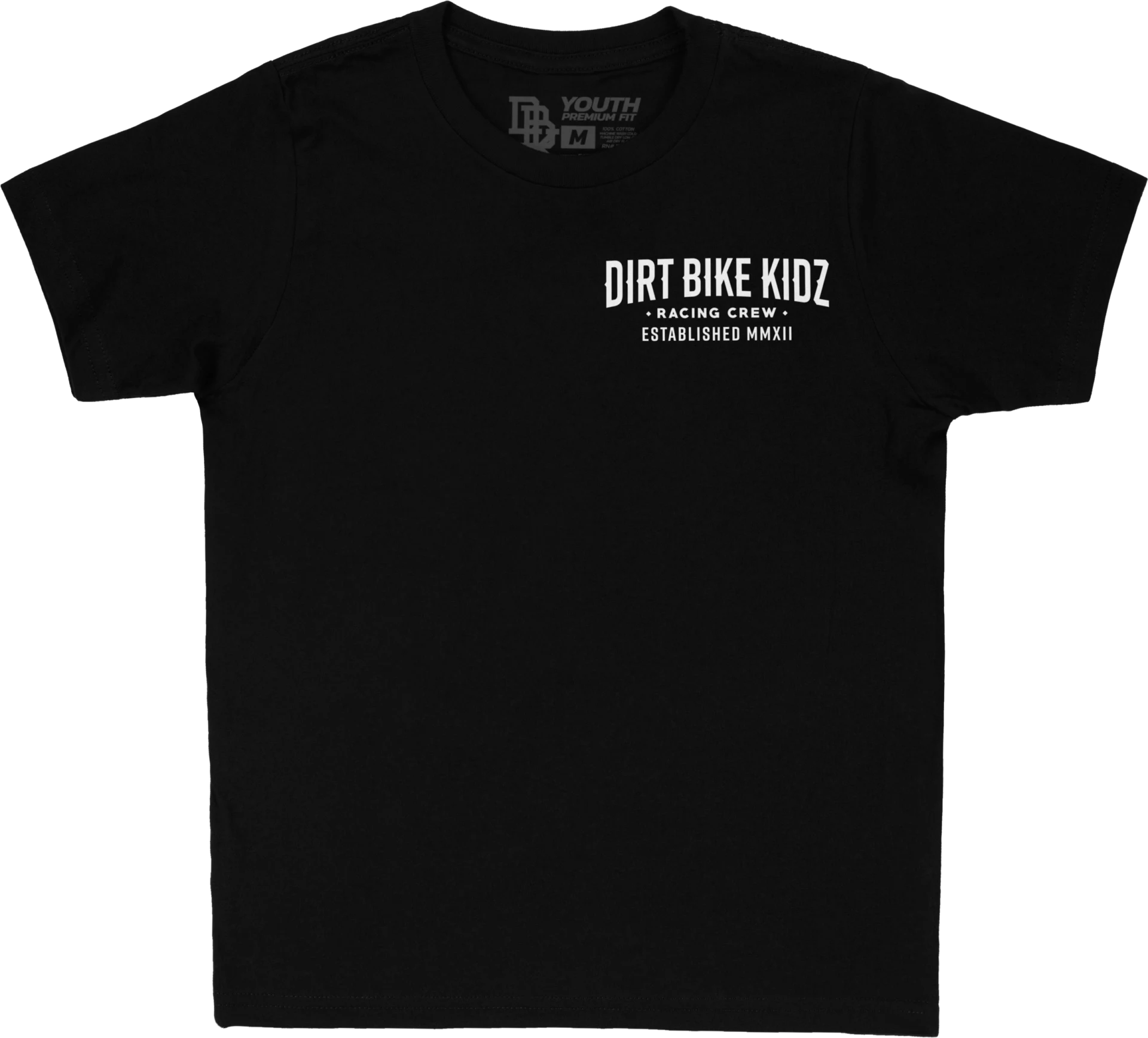 DBK Youth Speed & Style Tee in black, front view with small Dirt Bike Kidz Racing Crew chest print