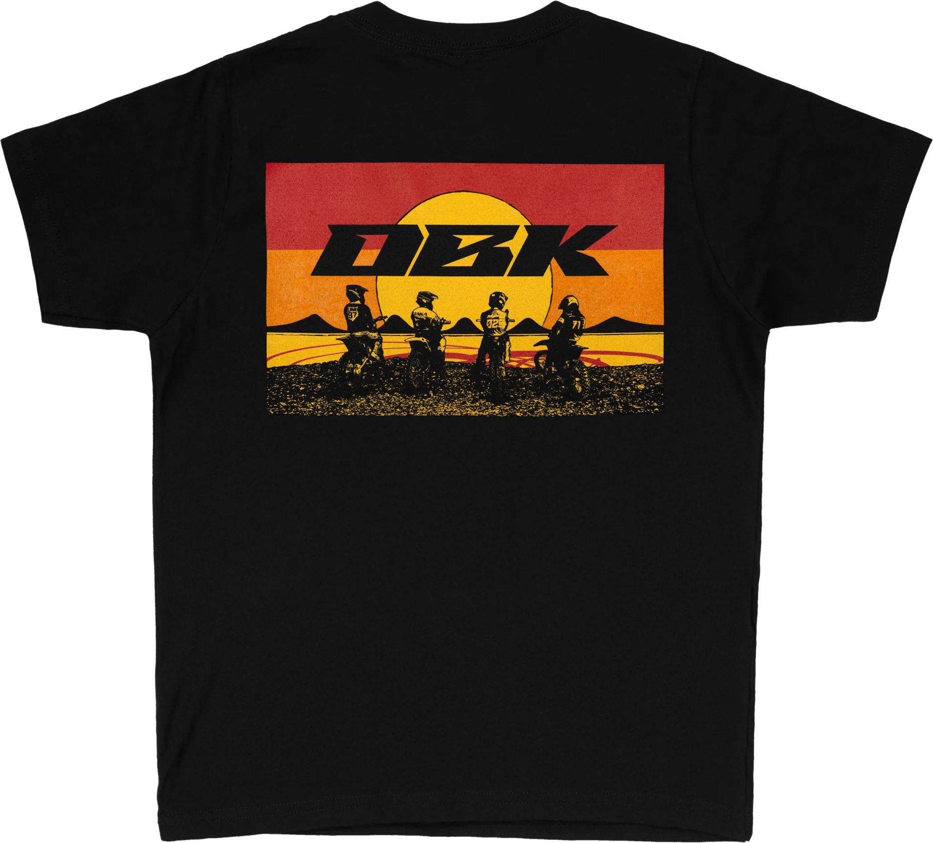 DBK Youth Sunday Stripe Tee in black, back view with DBK sunset graphic and riders silhouetted