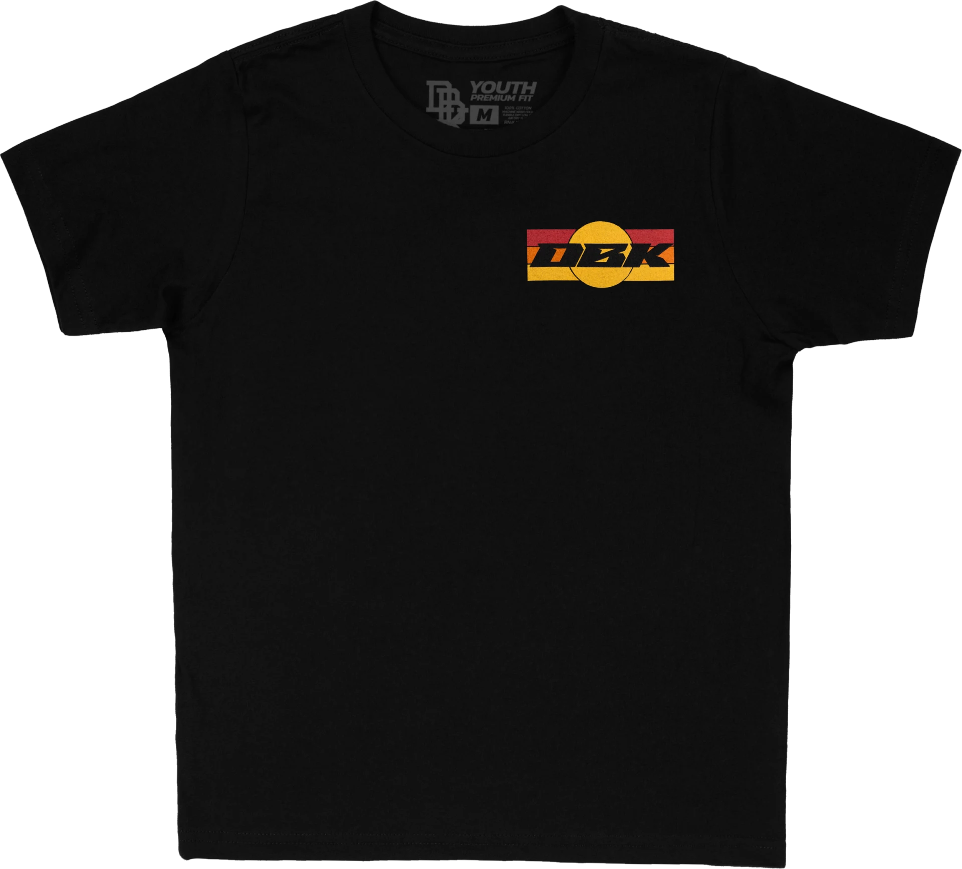 DBK Youth Sunday Stripe Tee in black, front view with small red and yellow DBK chest logo