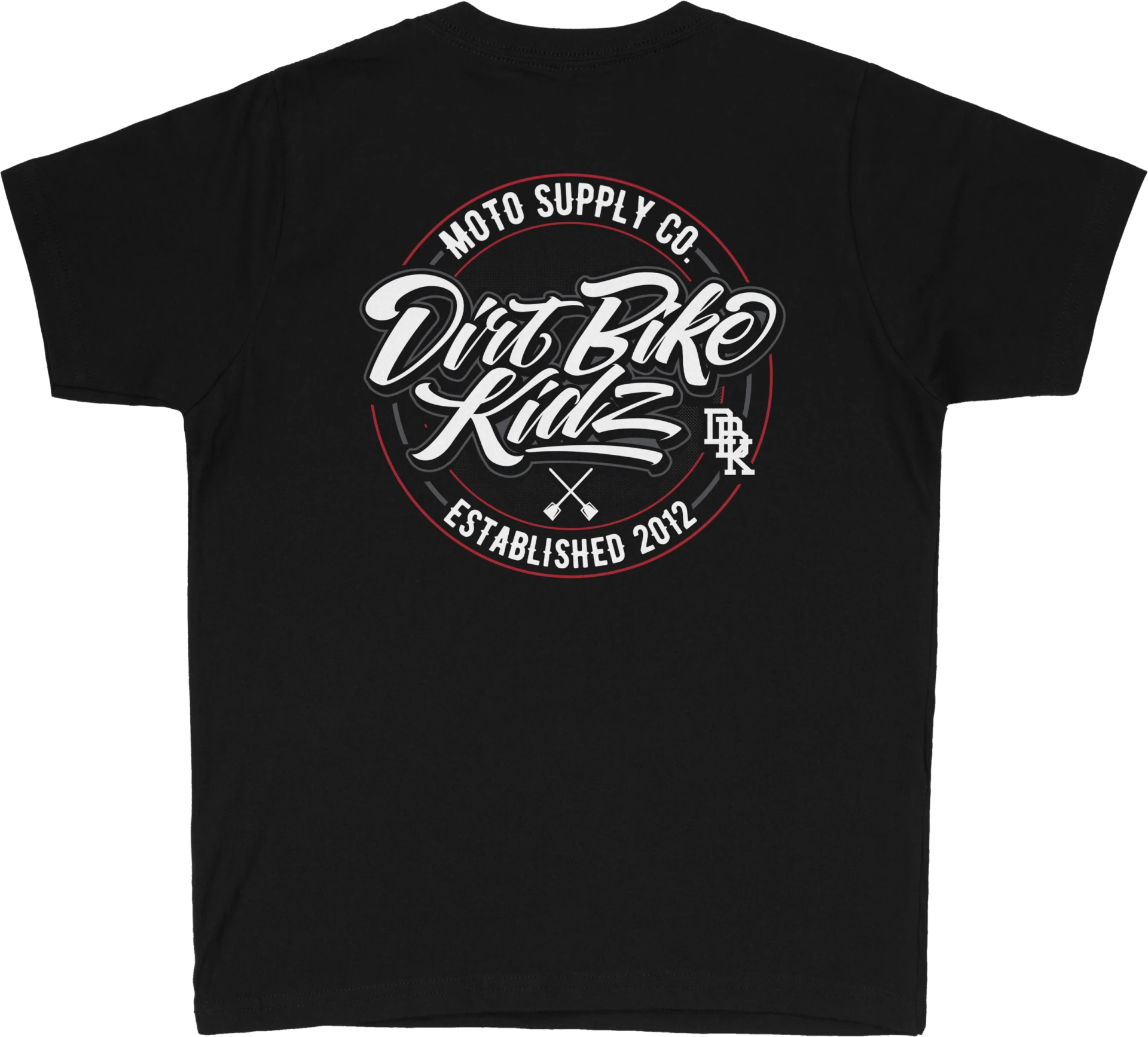 DBK Youth Supply Co. Tee in black, back view with Dirt Bike Kidz Moto Supply Co. circle graphic