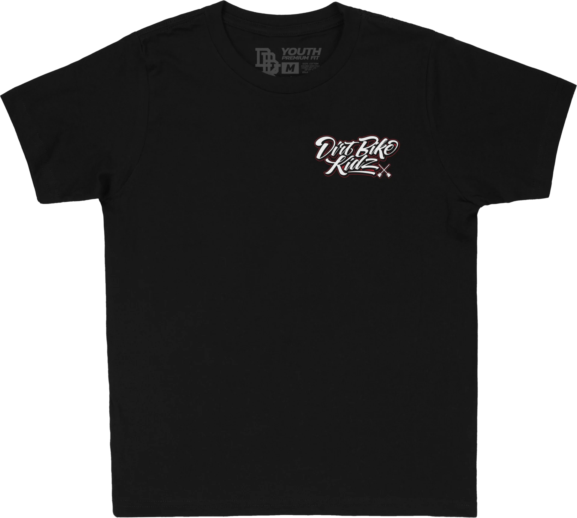DBK Youth Supply Co. Tee in black, front view with Dirt Bike Kidz script chest logo