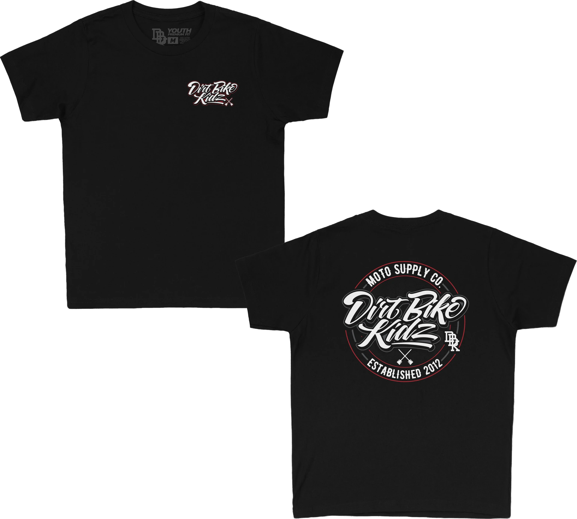 DBK Youth Supply Co. Tee in black, front and back views side by side