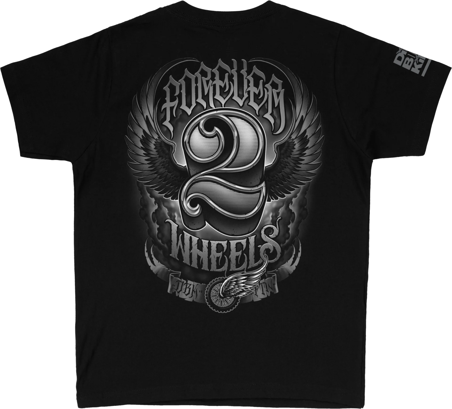 DBK Youth Two Wheels Tee in black, back view with large grey Forever 2 Wheels winged graphic