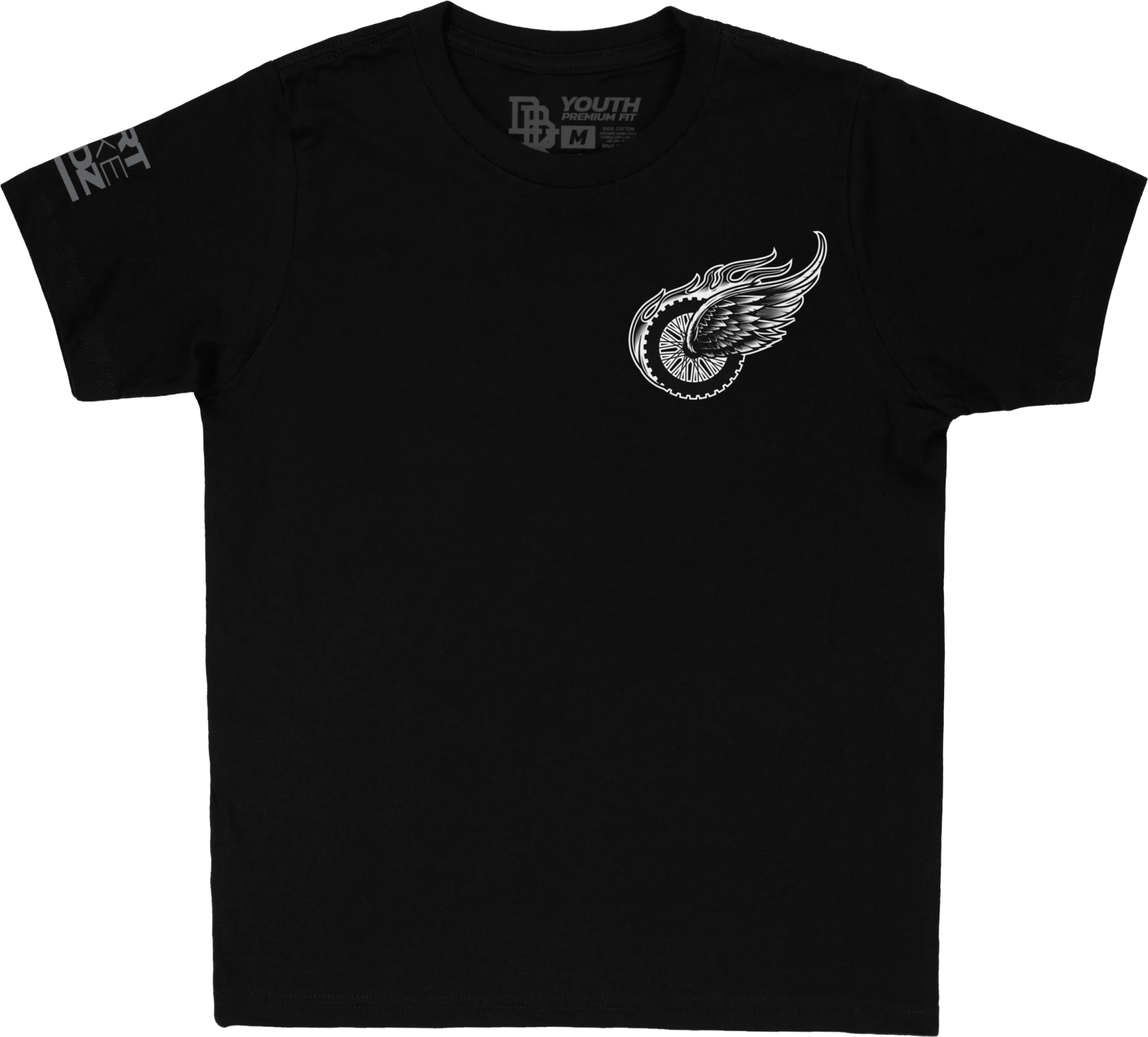 DBK Youth Two Wheels Tee in black, front view with winged wheel chest logo and sleeve print