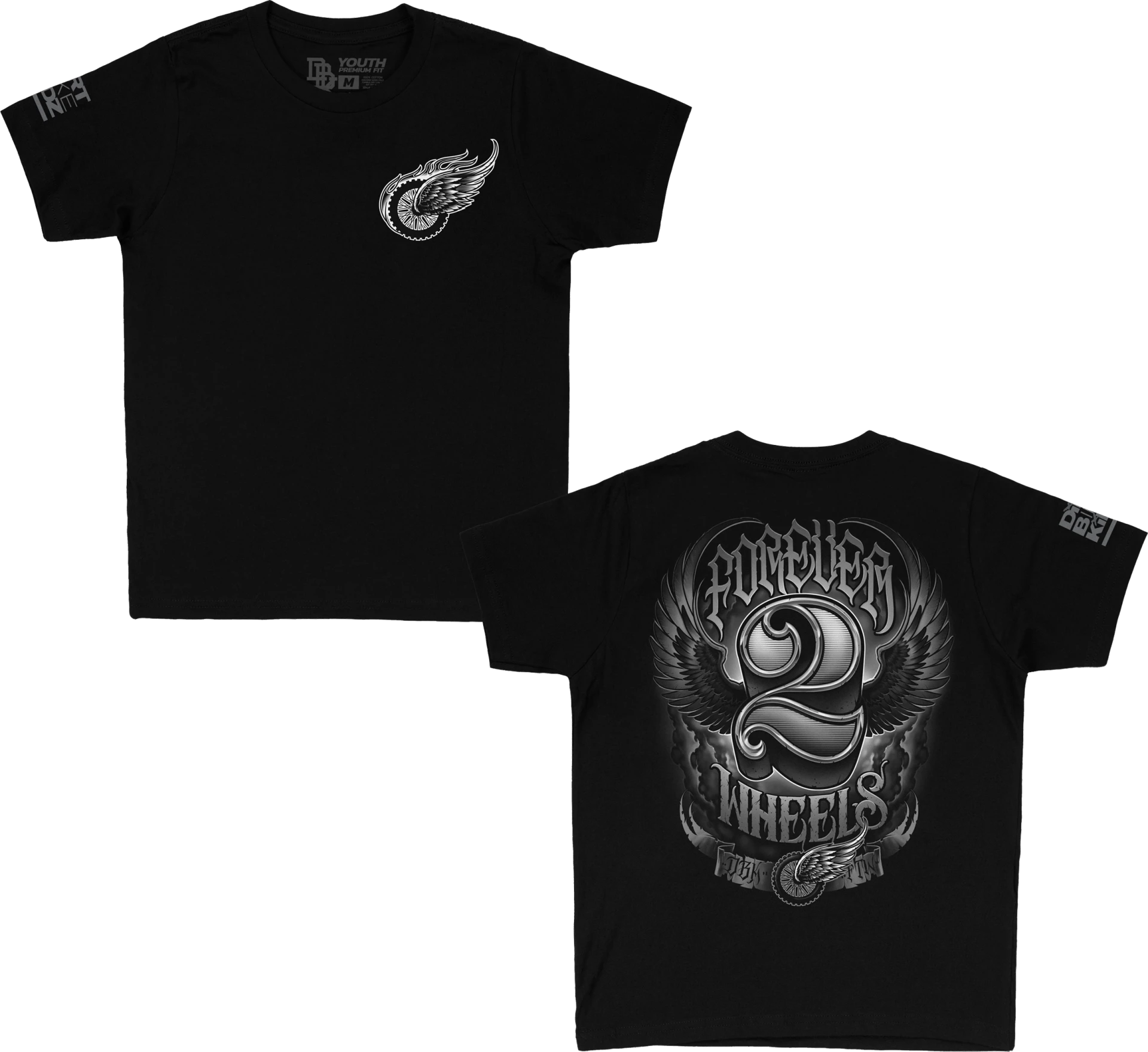 DBK Youth Two Wheels Tee in black, front and back views side by side