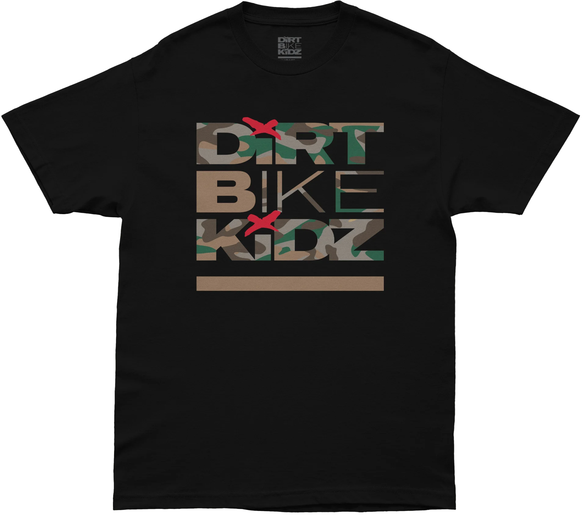 DBK Classic Camo Youth Tee in black, front view with camo-filled Dirt Bike Kidz lettering