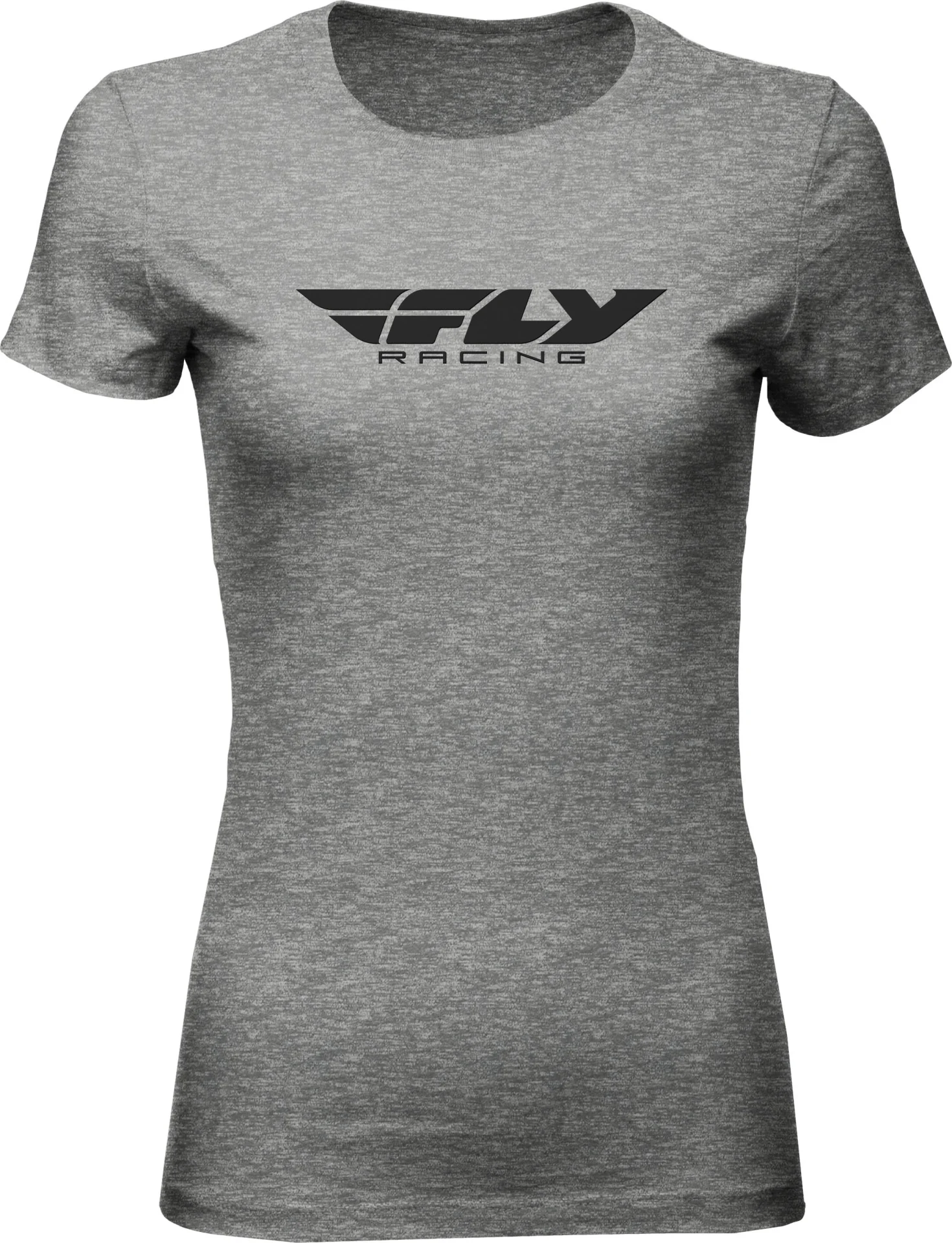 FLY Racing Women's Corporate Tee in dark grey heather, front view with a dark FLY Racing logo across the chest