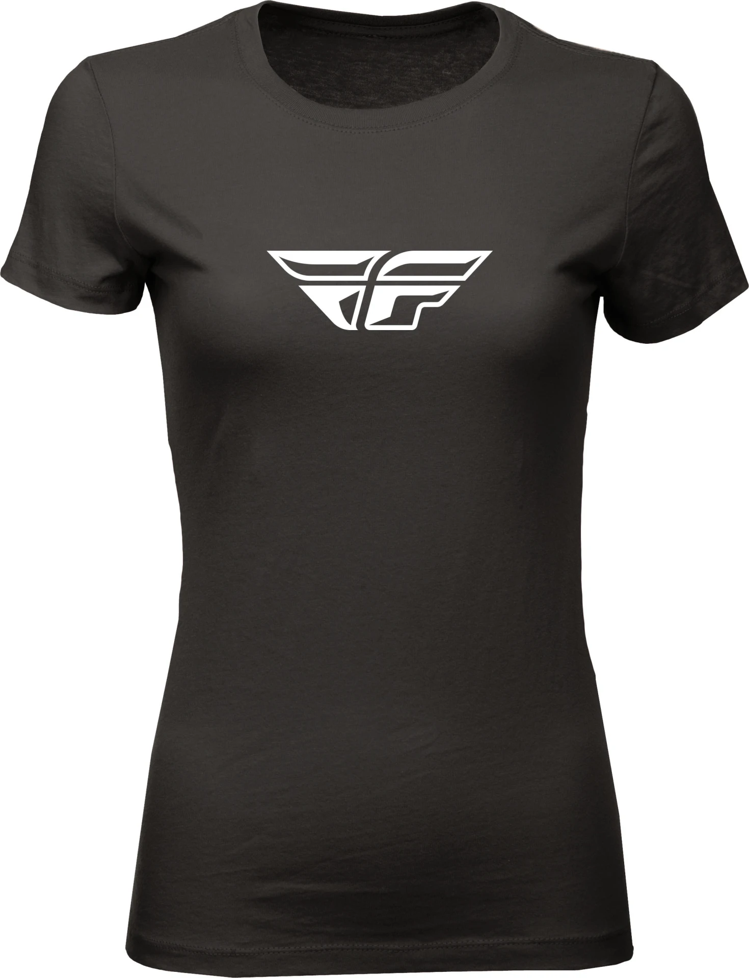 FLY Racing Women's F-Wing Tee in black, front view with a white F-wing logo on the chest