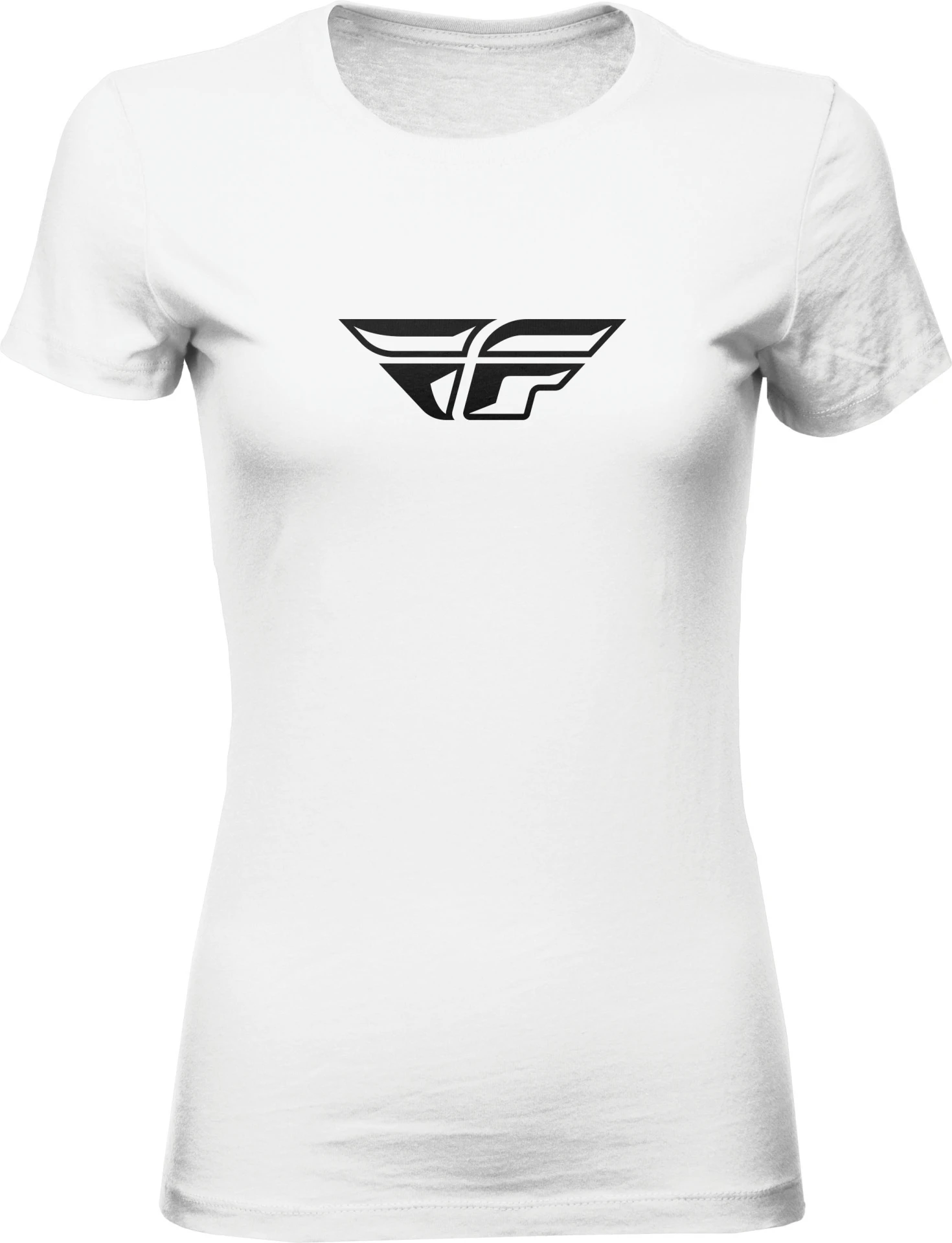 FLY Racing Women's F-Wing Tee in white, front view with a black F-wing logo on the chest