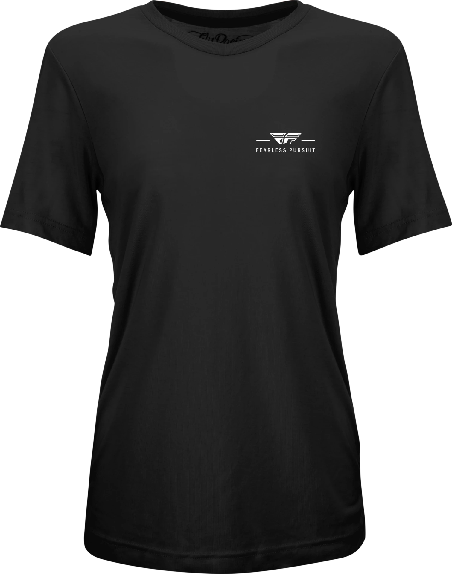 FLY Racing Women's Motto Tee in black, front view with a small white logo on the left chest
