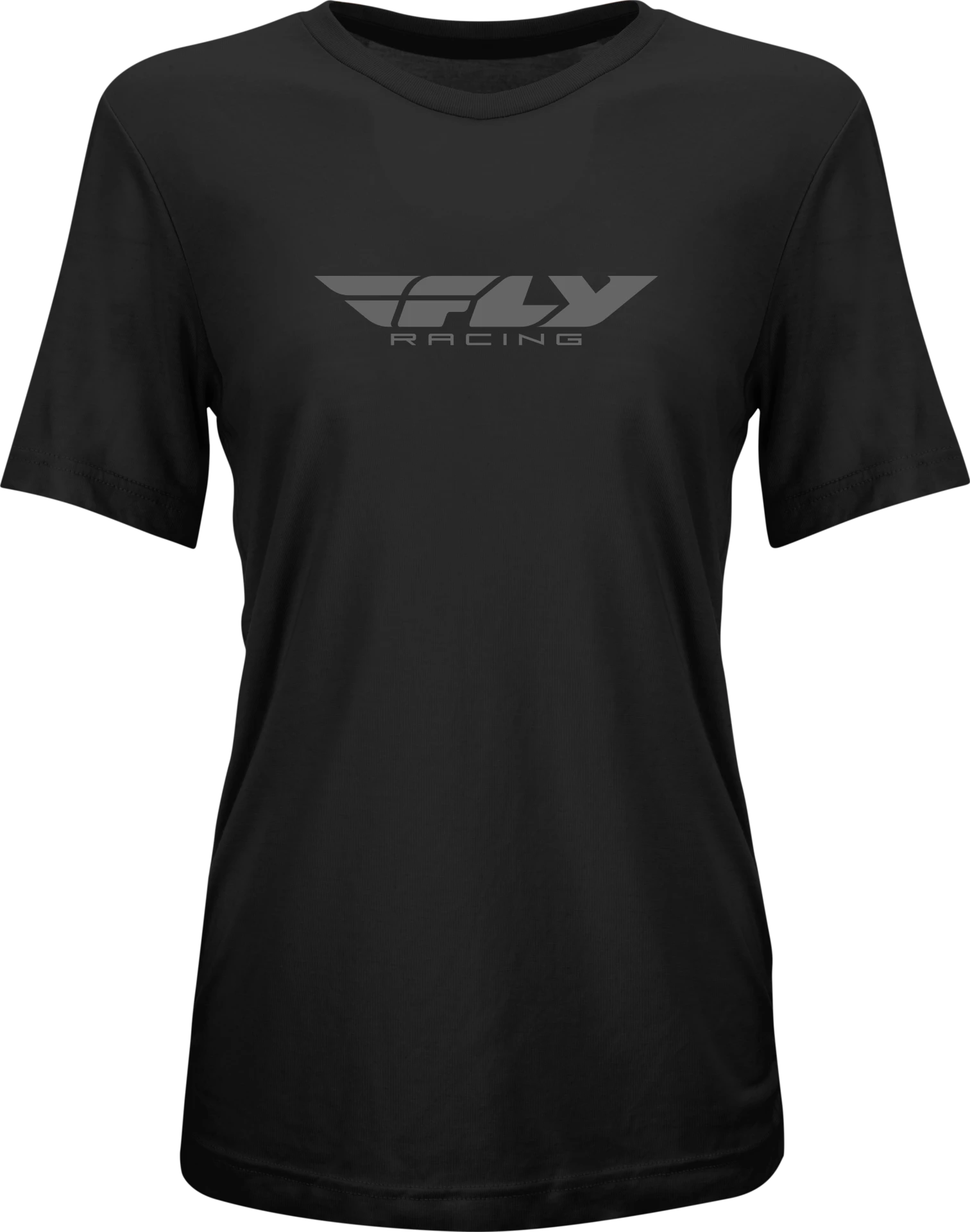 FLY Racing Women's Origin Corporate Tee in black/grey, front view with a grey FLY logo across the chest