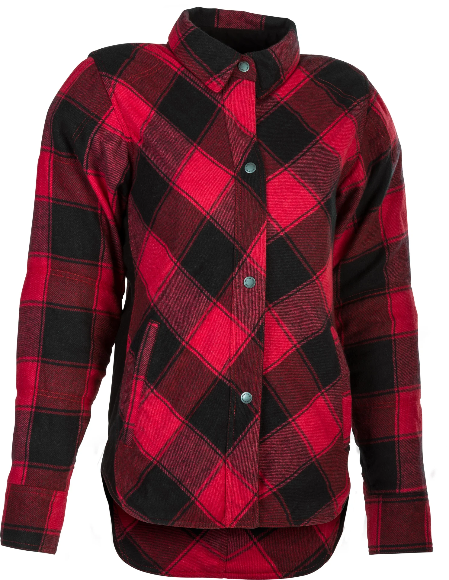 Highway 21 Women's Rogue Flannel in red/black plaid, front view with snap front