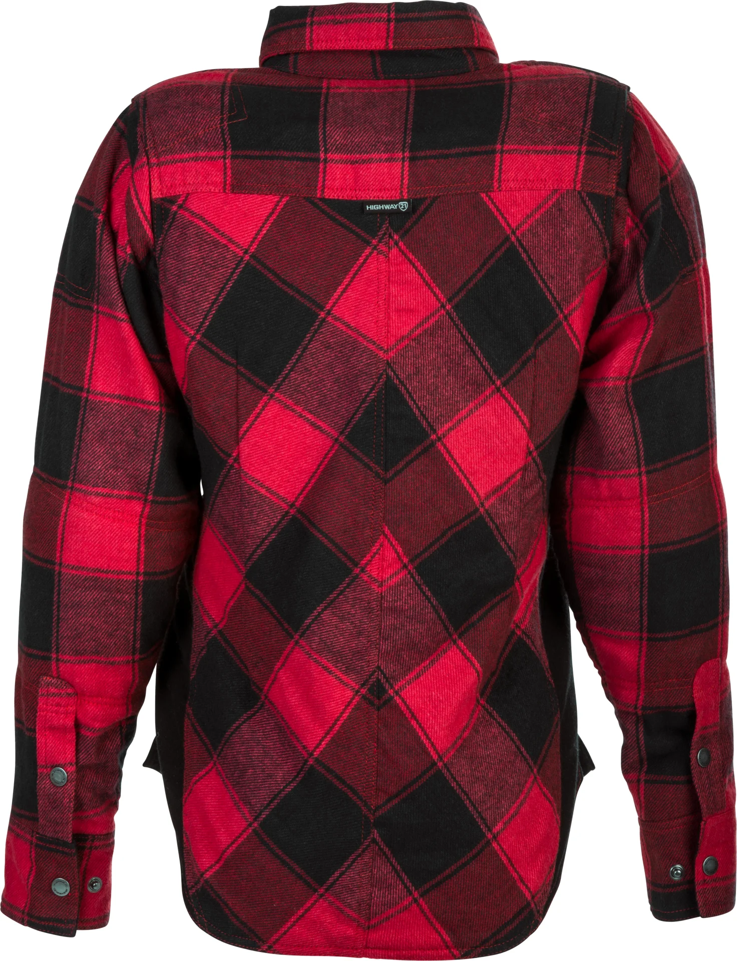 Highway 21 Women's Rogue Flannel in red/black plaid, back view